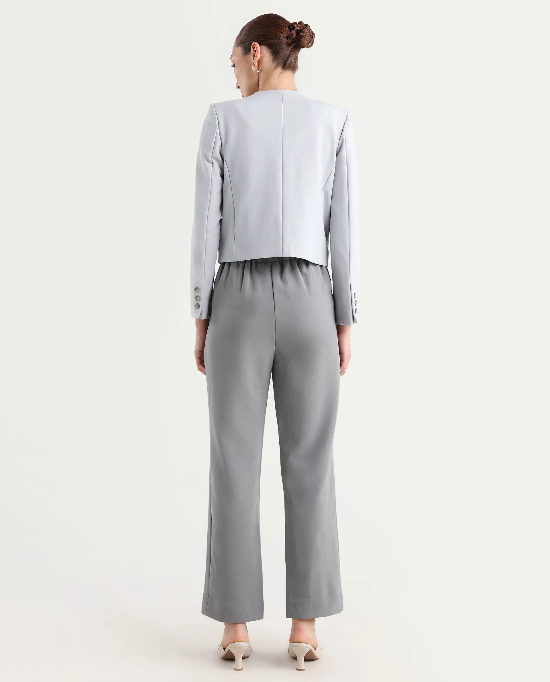 Rareism Women's Leezo Grey Polyester Blend Plain Ankle Length Straight Fit Trouser