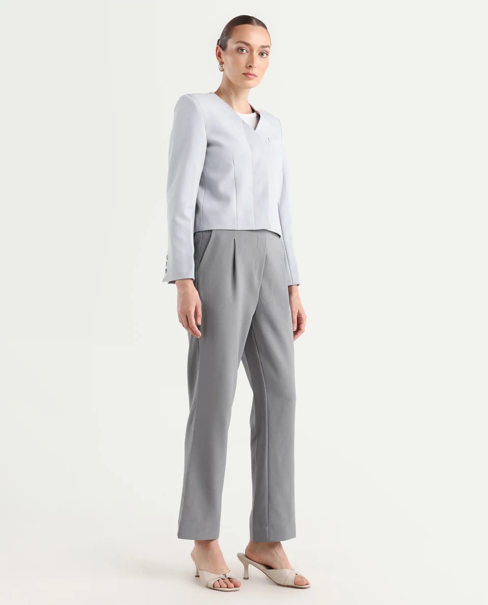 Rareism Women's Leezo Grey Polyester Blend Plain Ankle Length Straight Fit Trouser