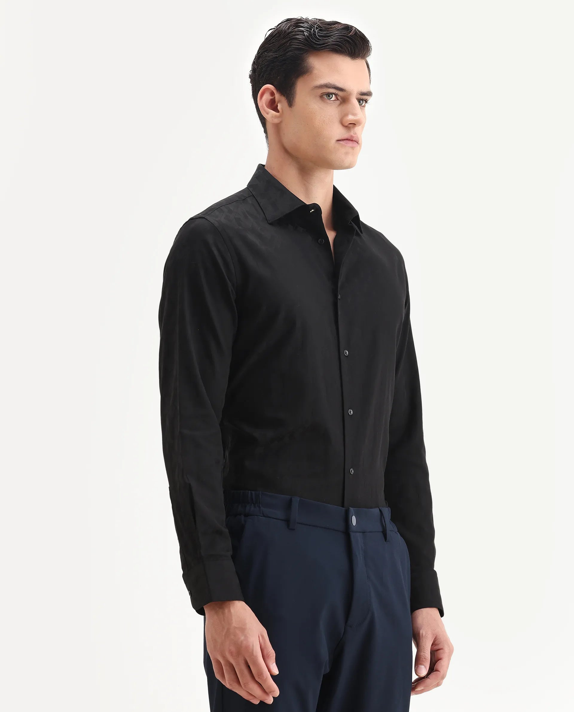 Rare Rabbit Men's Leffy-25 Black Cotton Spread Collar Regular Fit Jacquard Shirt