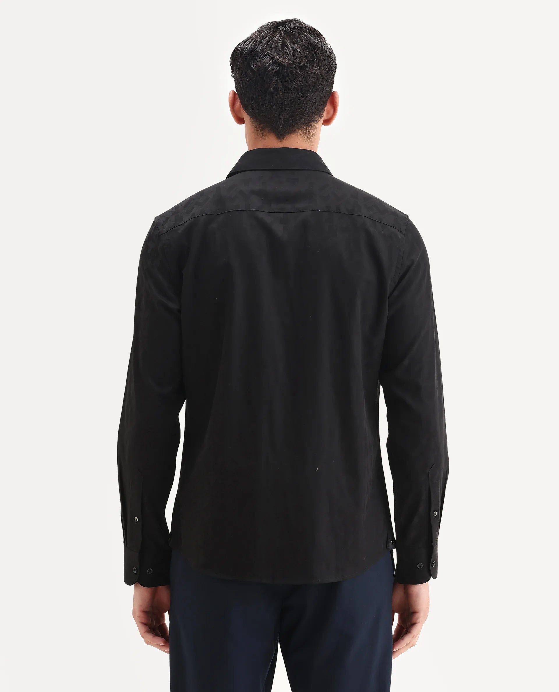 Rare Rabbit Men's Leffy-25 Black Cotton Spread Collar Regular Fit Jacquard Shirt