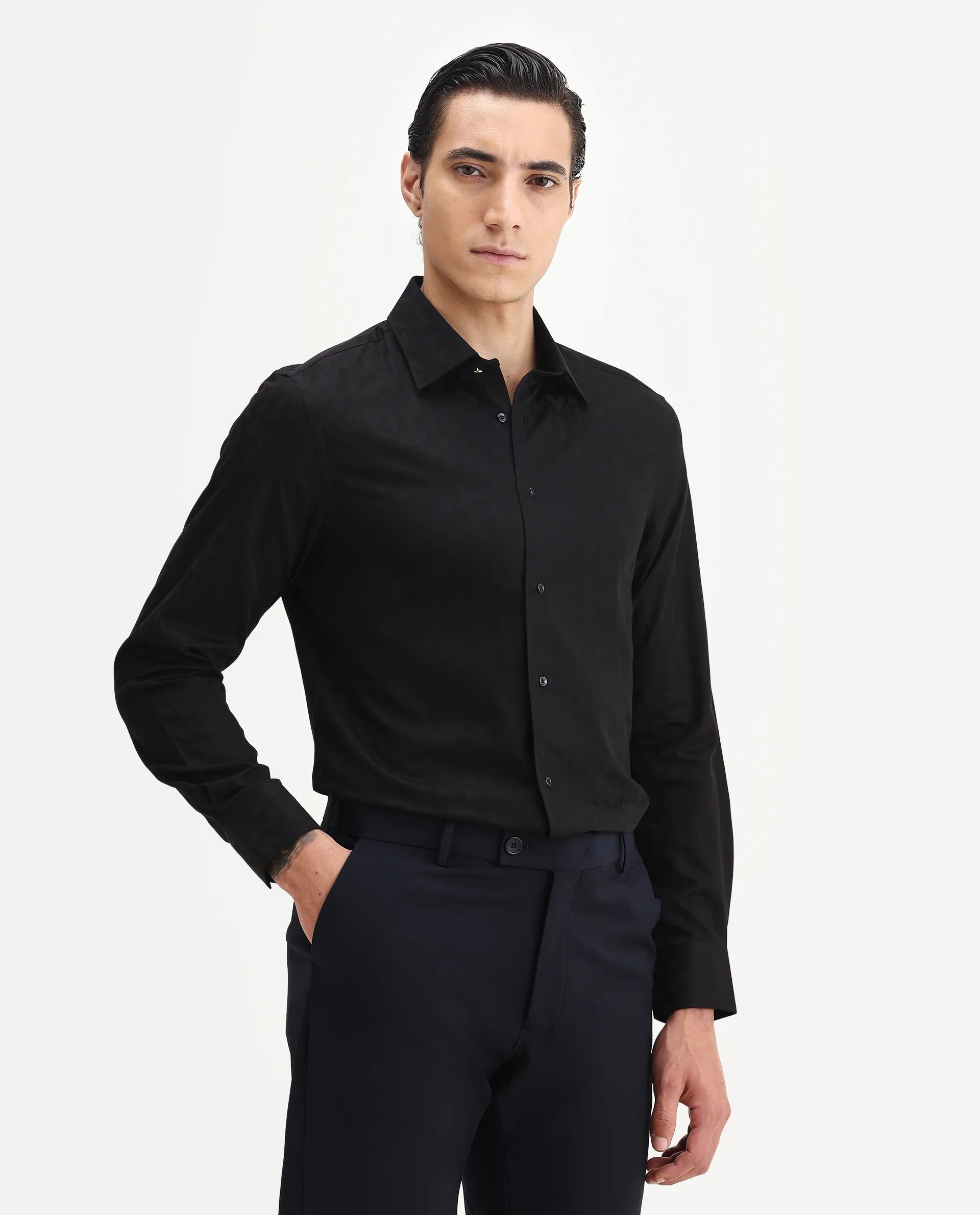 Rare Rabbit Men's Leffy Black Cotton Jacquard Regular Fit Full Sleeve Collared Shirt