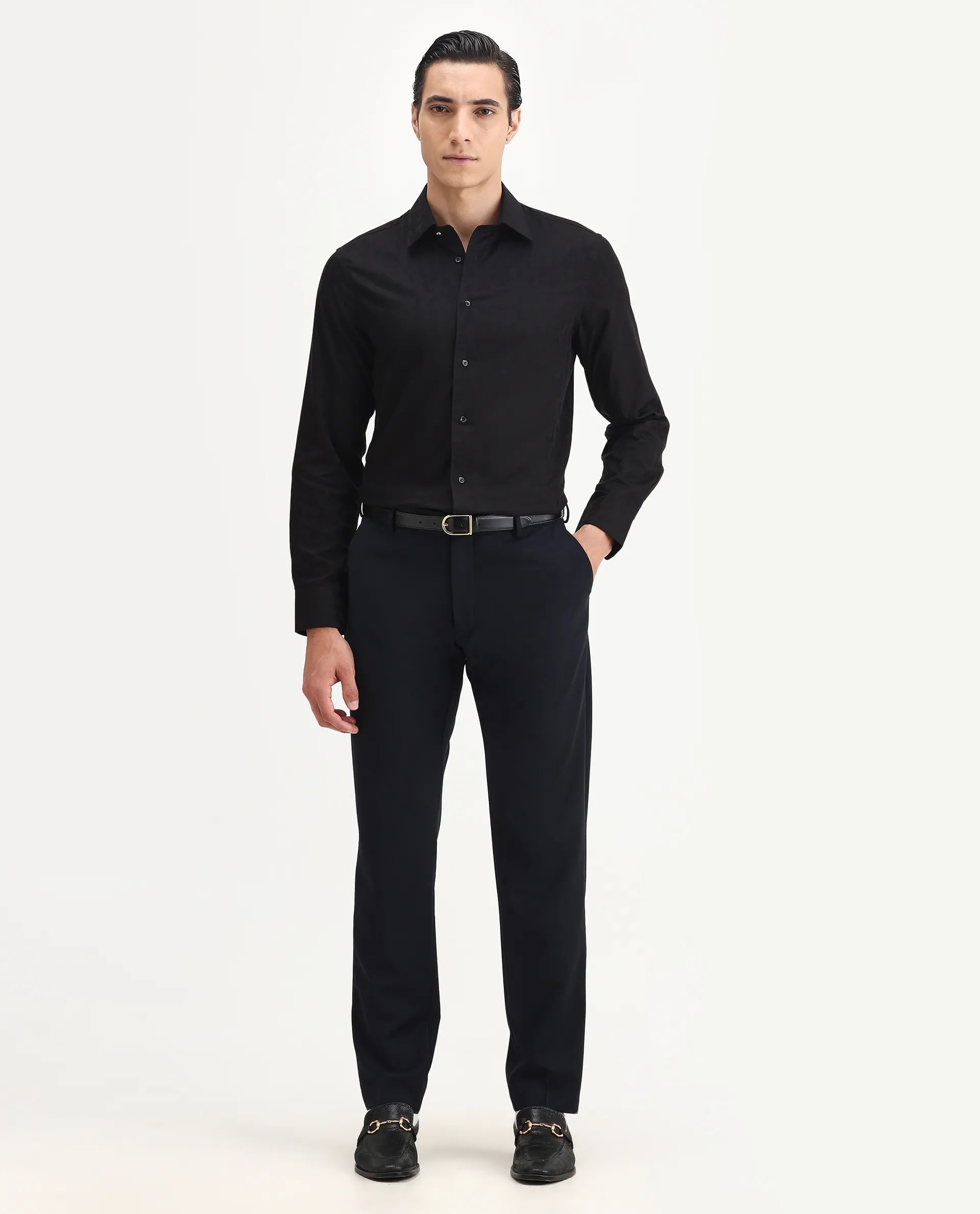 Rare Rabbit Men's Leffy Black Cotton Jacquard Regular Fit Full Sleeve Collared Shirt