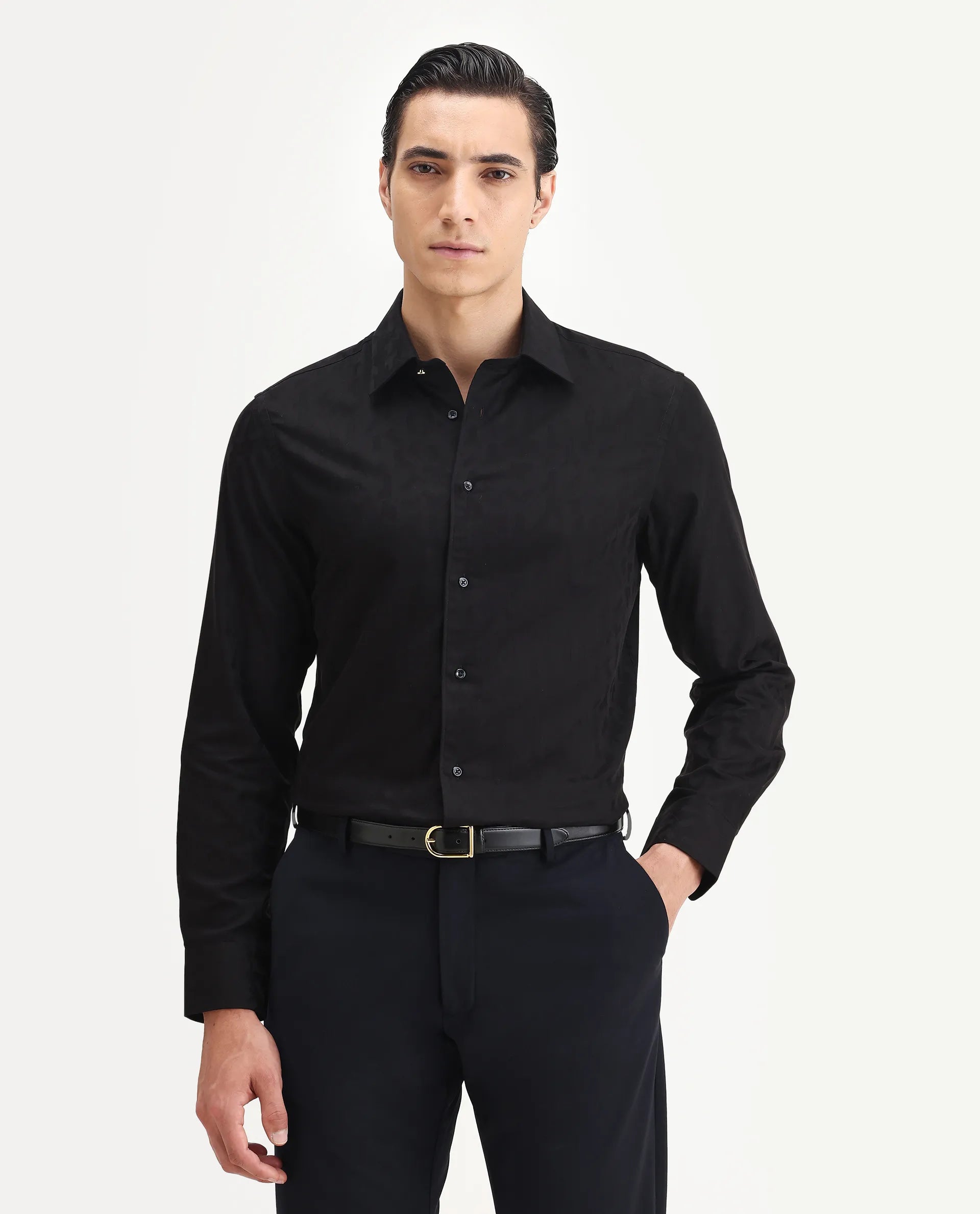Rare Rabbit Men's Leffy Black Cotton Jacquard Regular Fit Full Sleeve Collared Shirt