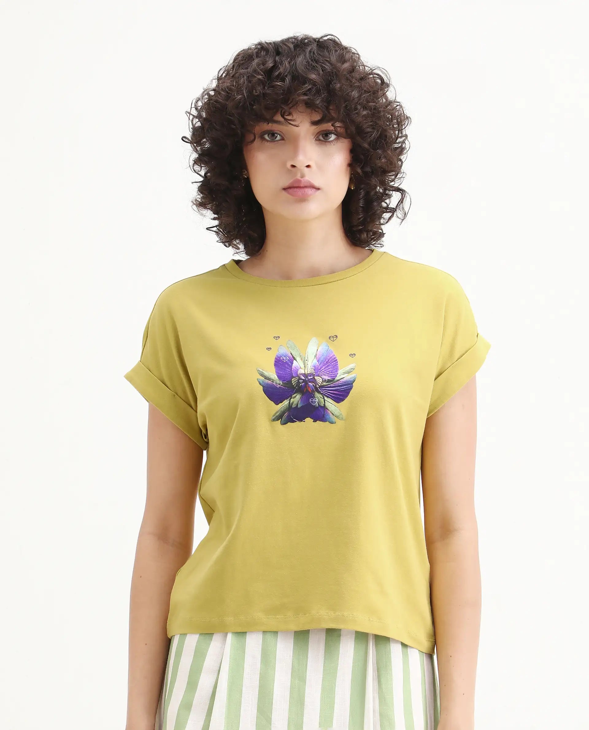 Rareism Women's Lefo Flouroscent Green Cotton Blend Crew Neck Graphic Print Extended Sleeves Relaxed Fit T-Shirt