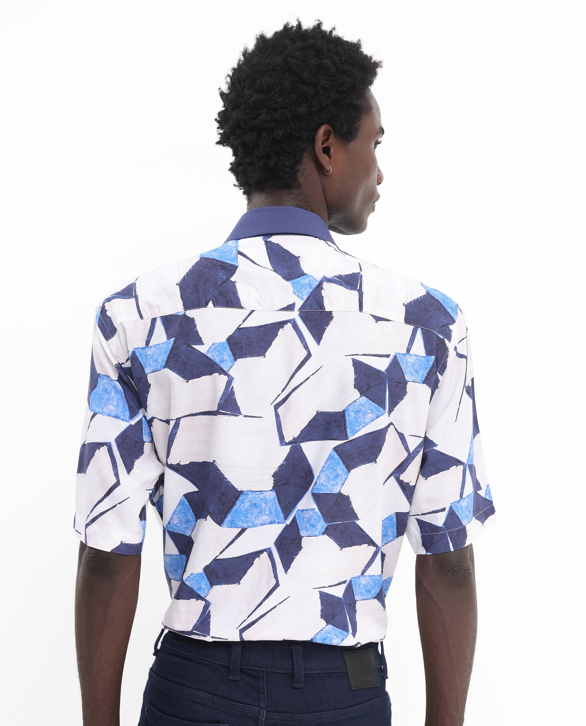 Rare Rabbit Men's Lego Off White Viscose Fabric Short Sleeve Boxy Fit Abstract Print Shirt