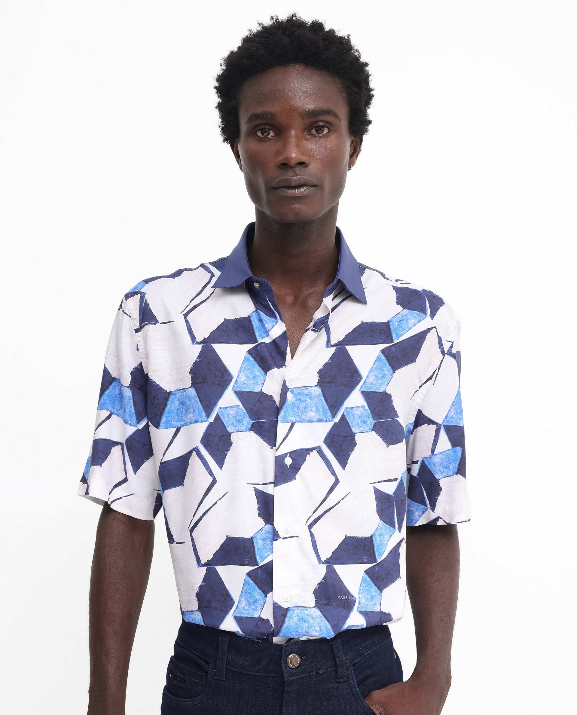 Rare Rabbit Men's Lego Off White Viscose Fabric Short Sleeve Boxy Fit Abstract Print Shirt