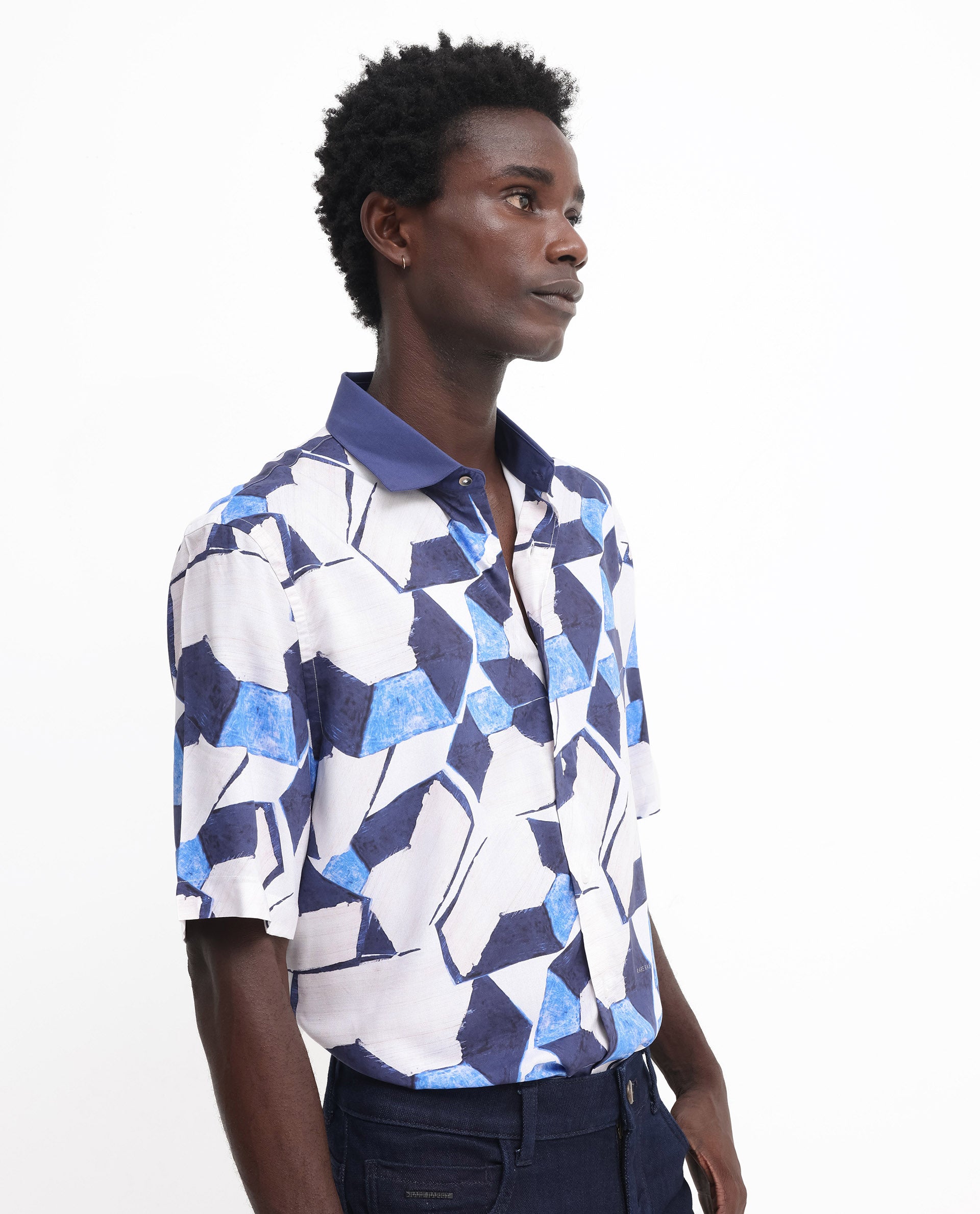 Rare Rabbit Men's Lego Off White Viscose Fabric Short Sleeve Boxy Fit Abstract Print Shirt