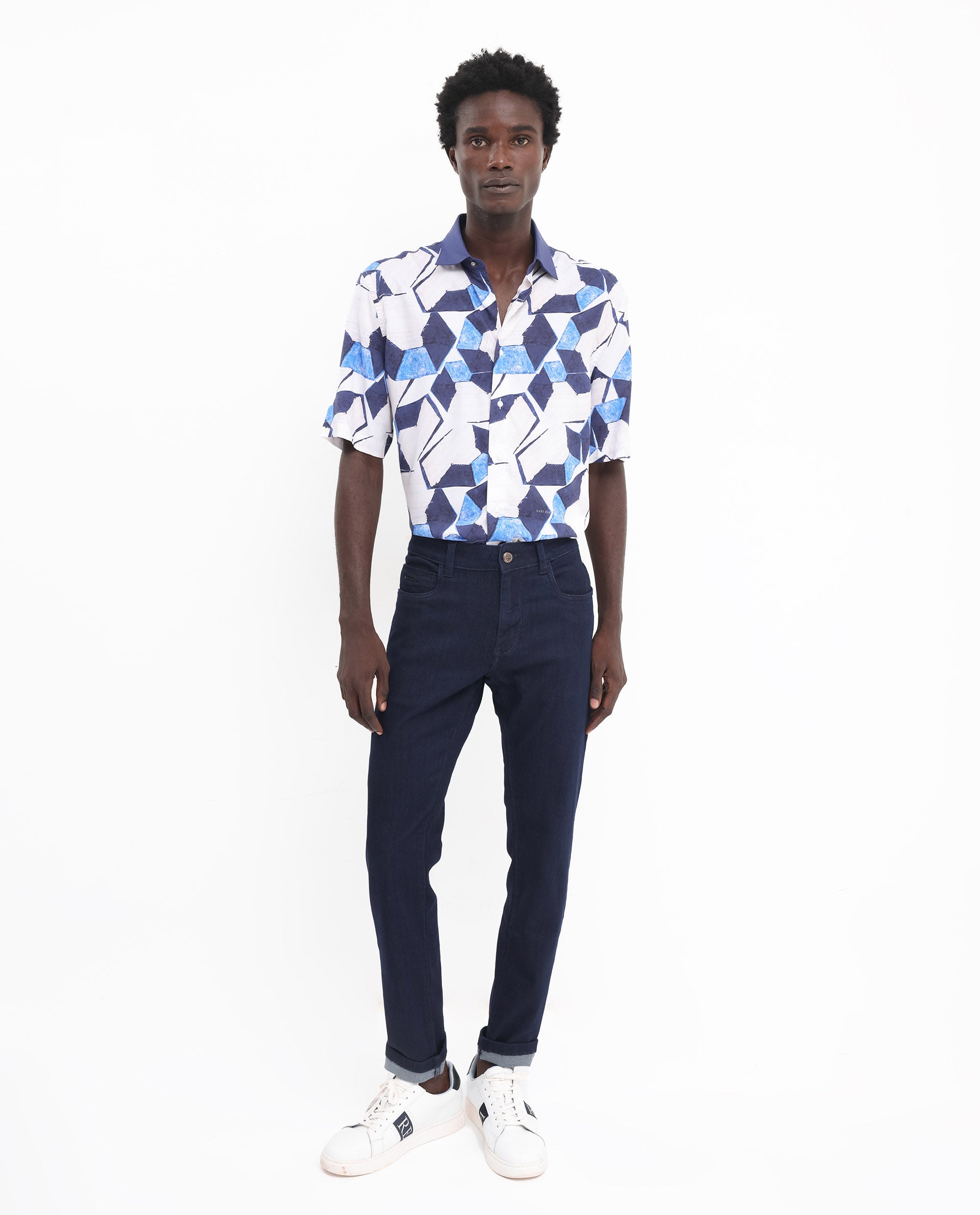 Rare Rabbit Men's Lego Off White Viscose Fabric Short Sleeve Boxy Fit Abstract Print Shirt