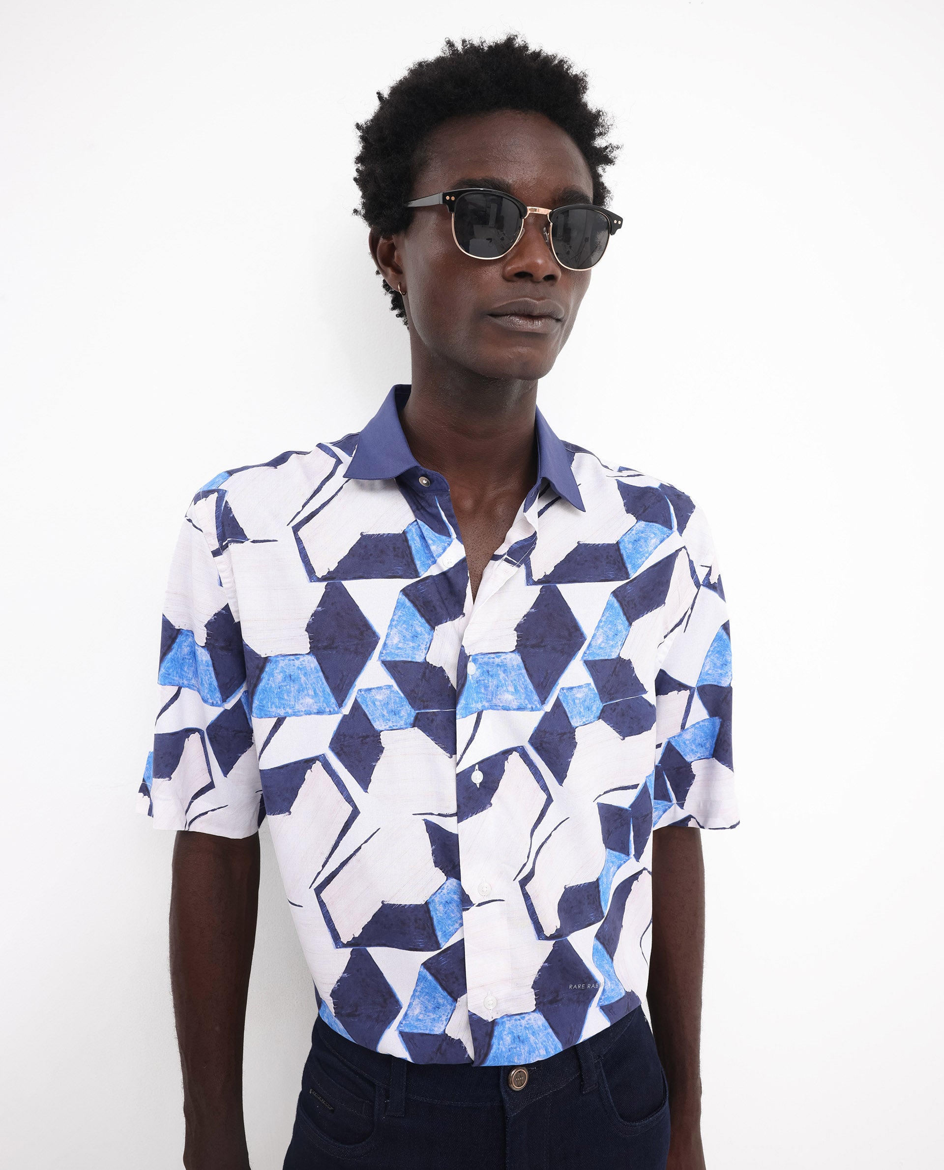 Rare Rabbit Men's Lego Off White Viscose Fabric Short Sleeve Boxy Fit Abstract Print Shirt