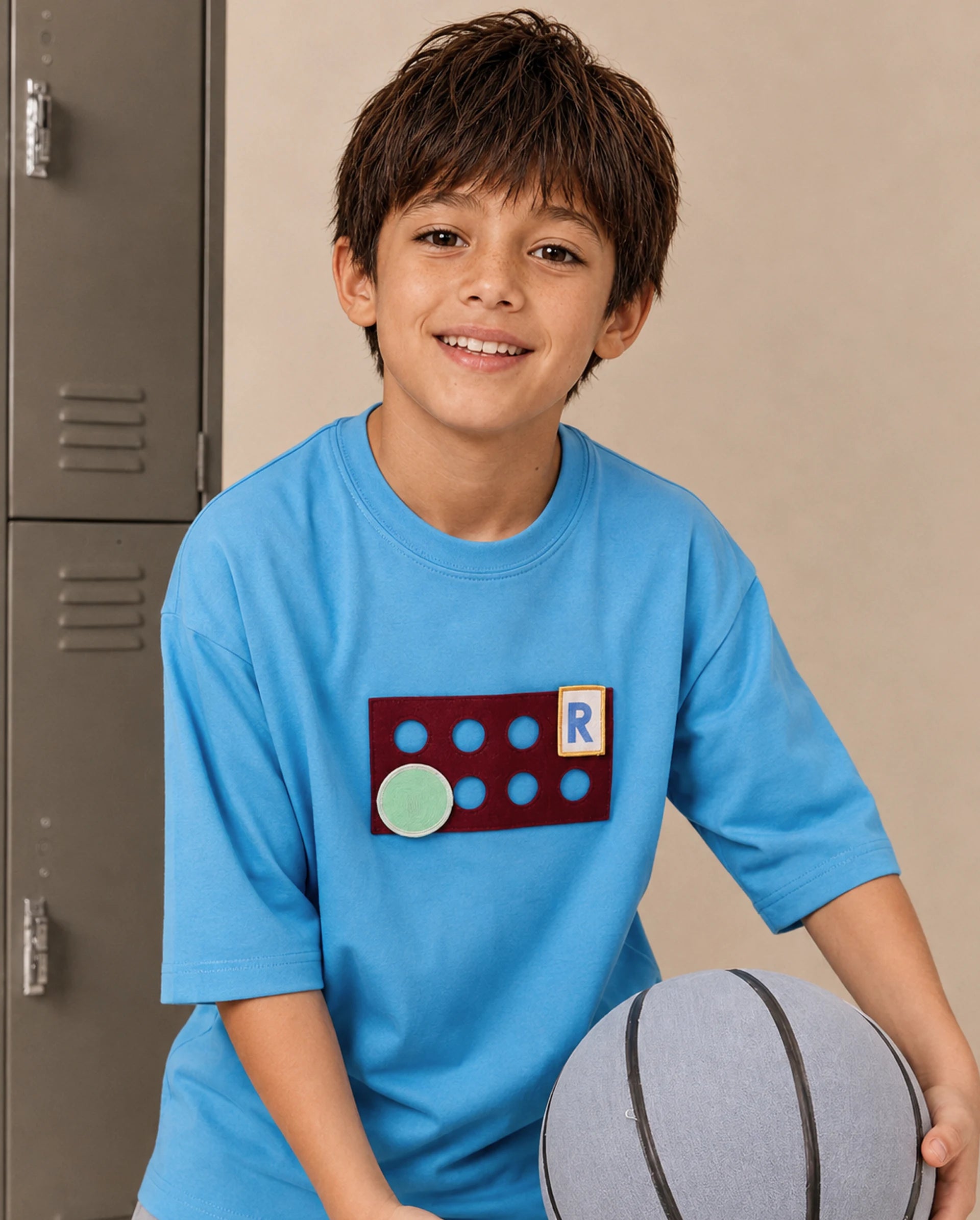Rare Ones Kids Legon Teal Cotton Fabric Pull-On Closure Oversized Graphic Print T-Shirt