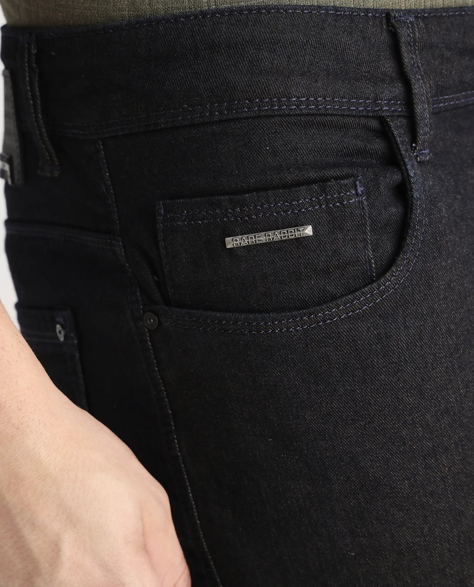 Rare Rabbit Men's Leige Blue Cotton Plain Hawk Slim Fit Jeans