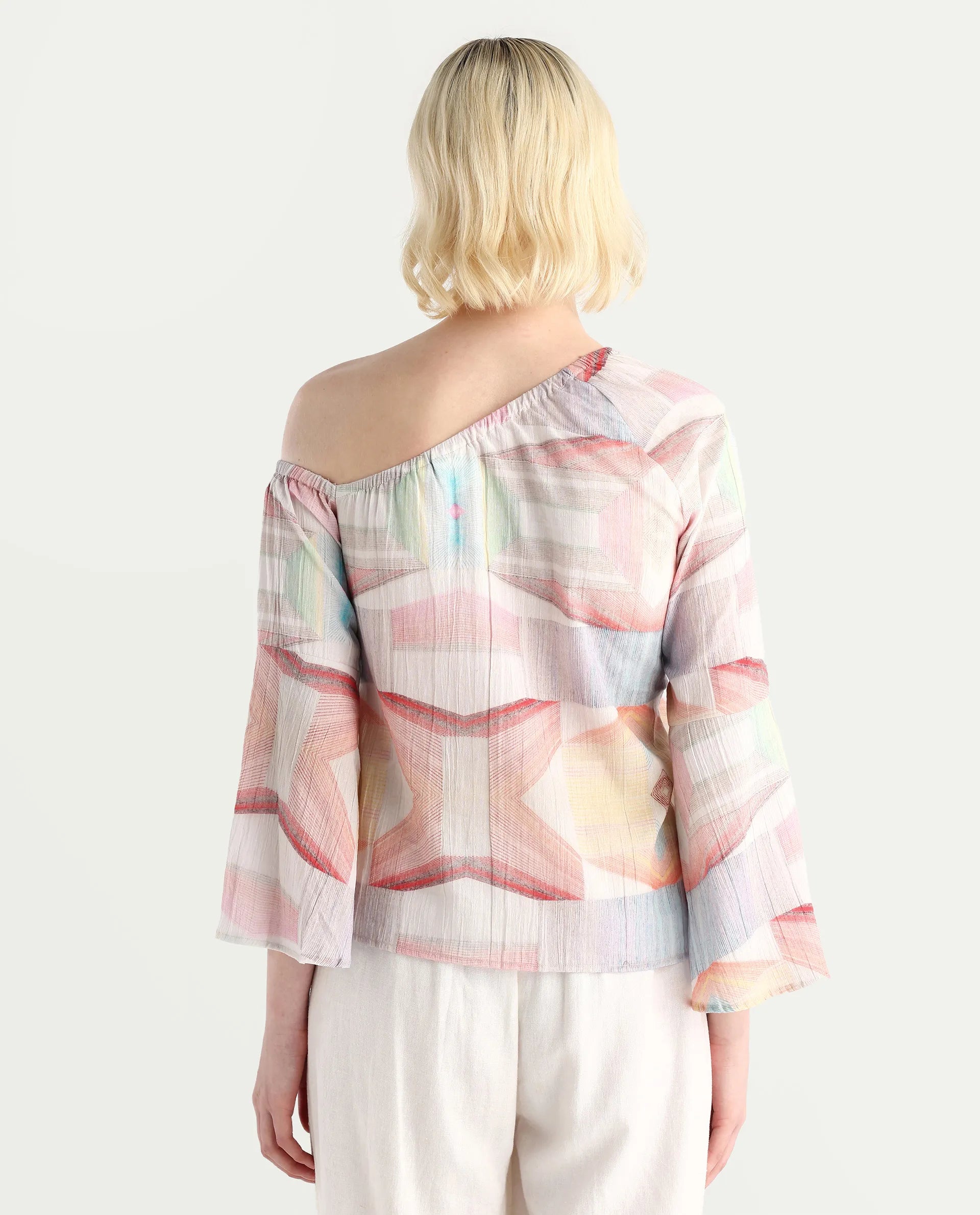 Rareism Women's Leightono Sc Dusky Multi Cotton Blend One Shoulder Abstract Print Raglan Sleeve Regular Fit Top