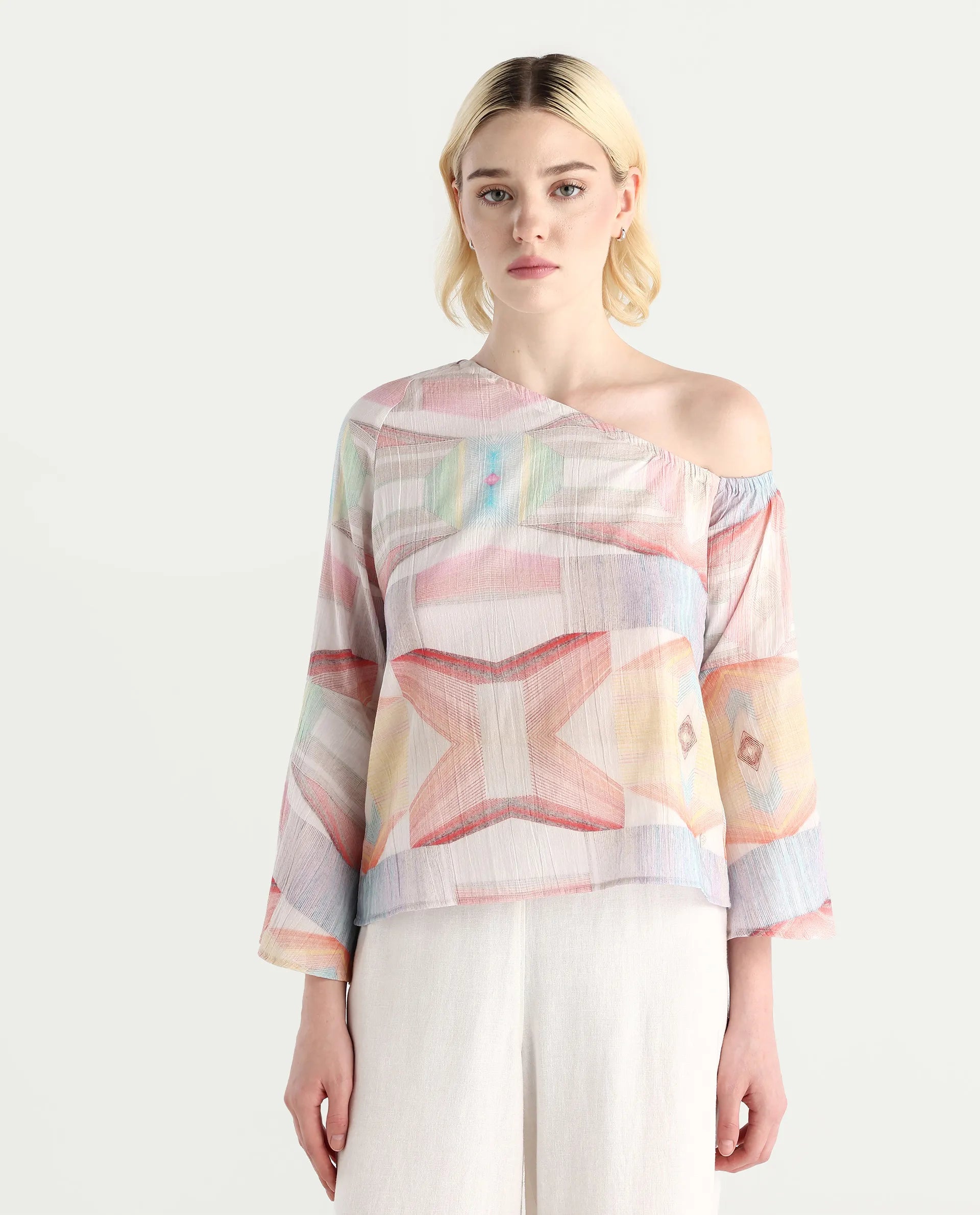 Rareism Women's Leightono Sc Dusky Multi Cotton Blend One Shoulder Abstract Print Raglan Sleeve Regular Fit Top