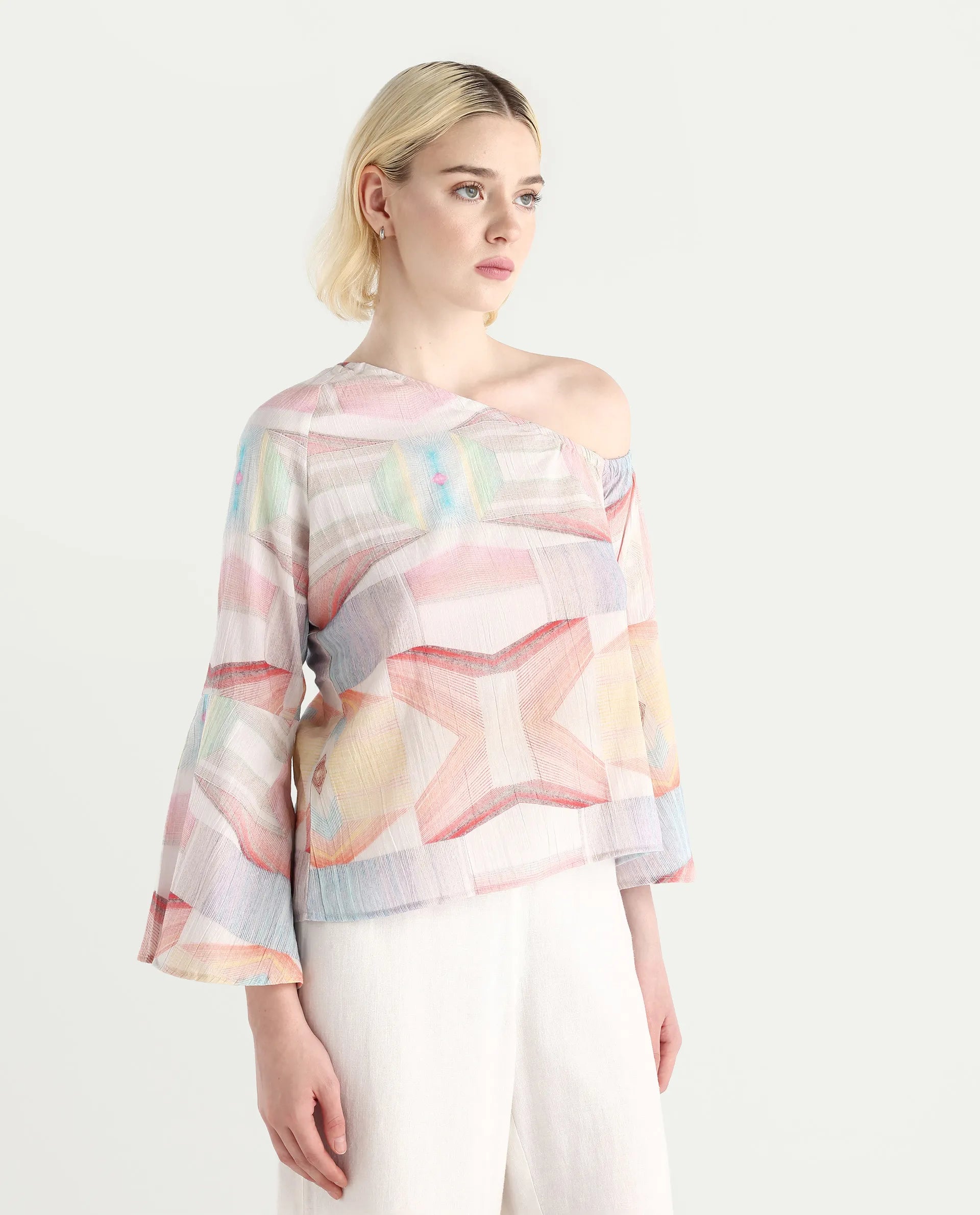 Rareism Women's Leightono Sc Dusky Multi Cotton Blend One Shoulder Abstract Print Raglan Sleeve Regular Fit Top