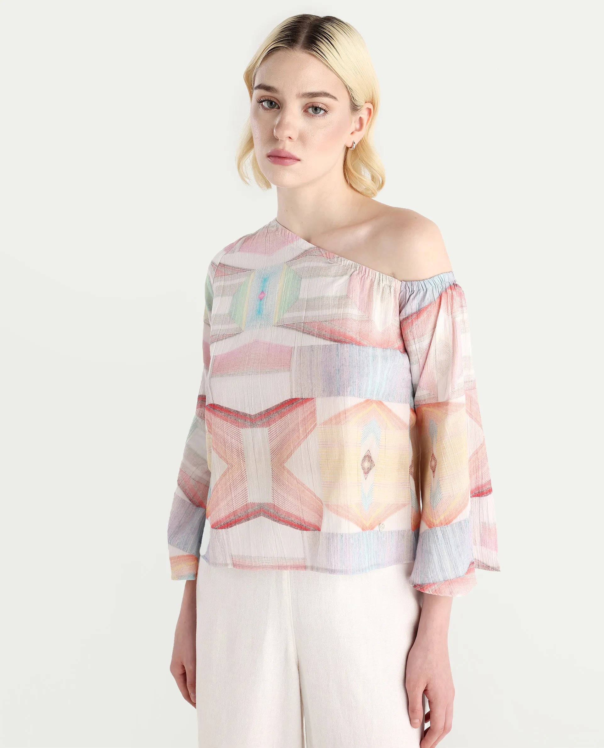 Rareism Women's Leightono Sc Dusky Multi Cotton Blend One Shoulder Abstract Print Raglan Sleeve Regular Fit Top