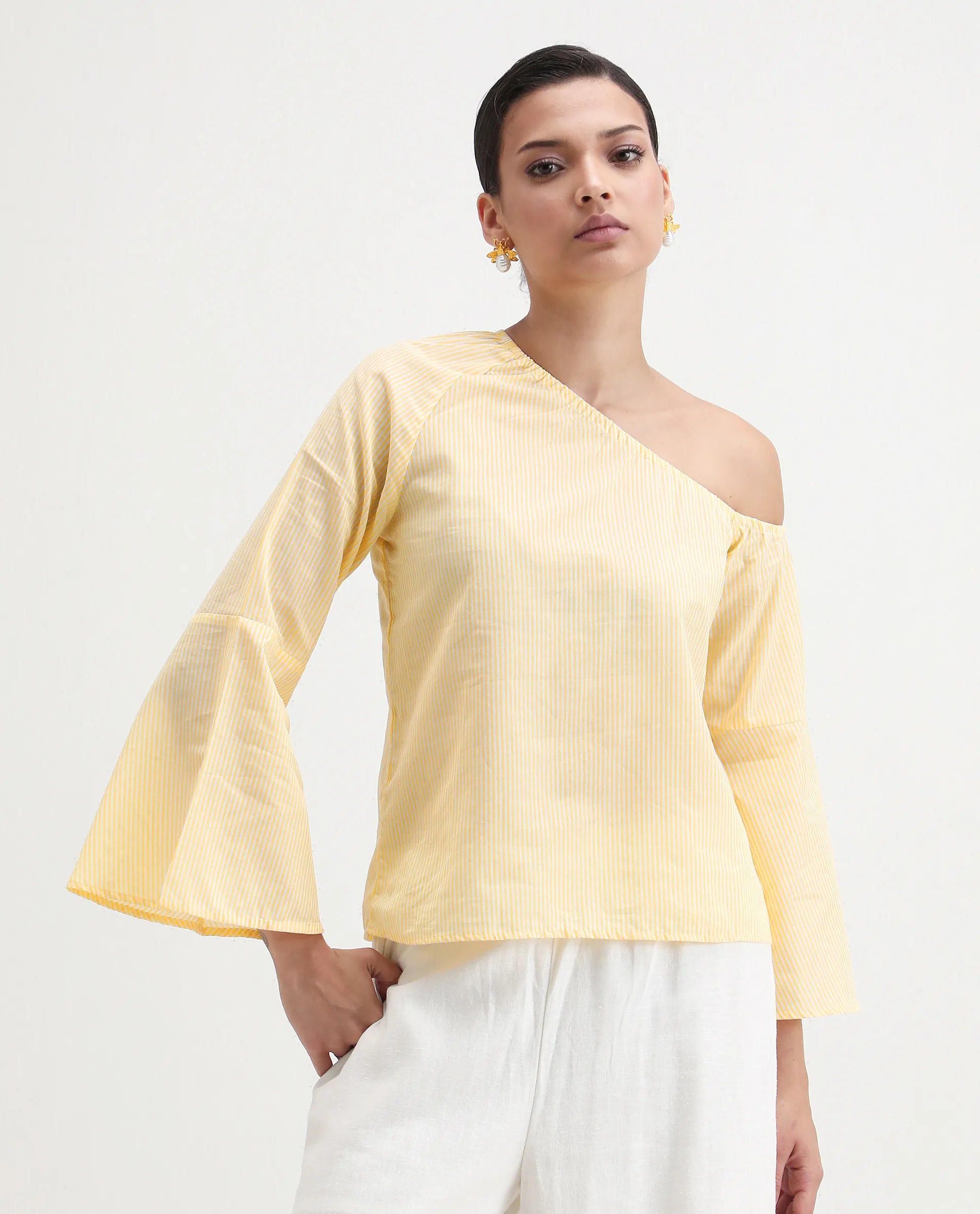 Rareism Women's Leighton Pastel Yellow Cotton One Shoulder Striped Raglan Sleeve Regular Fit Top
