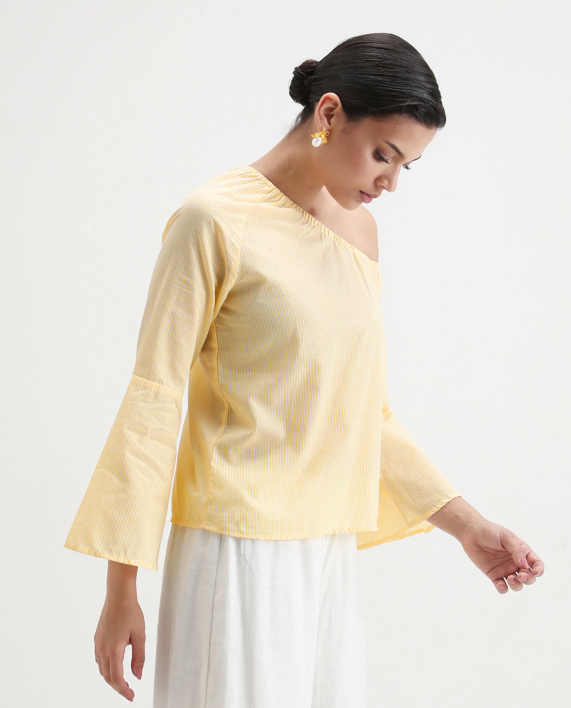 Rareism Women's Leighton Pastel Yellow Cotton One Shoulder Striped Raglan Sleeve Regular Fit Top