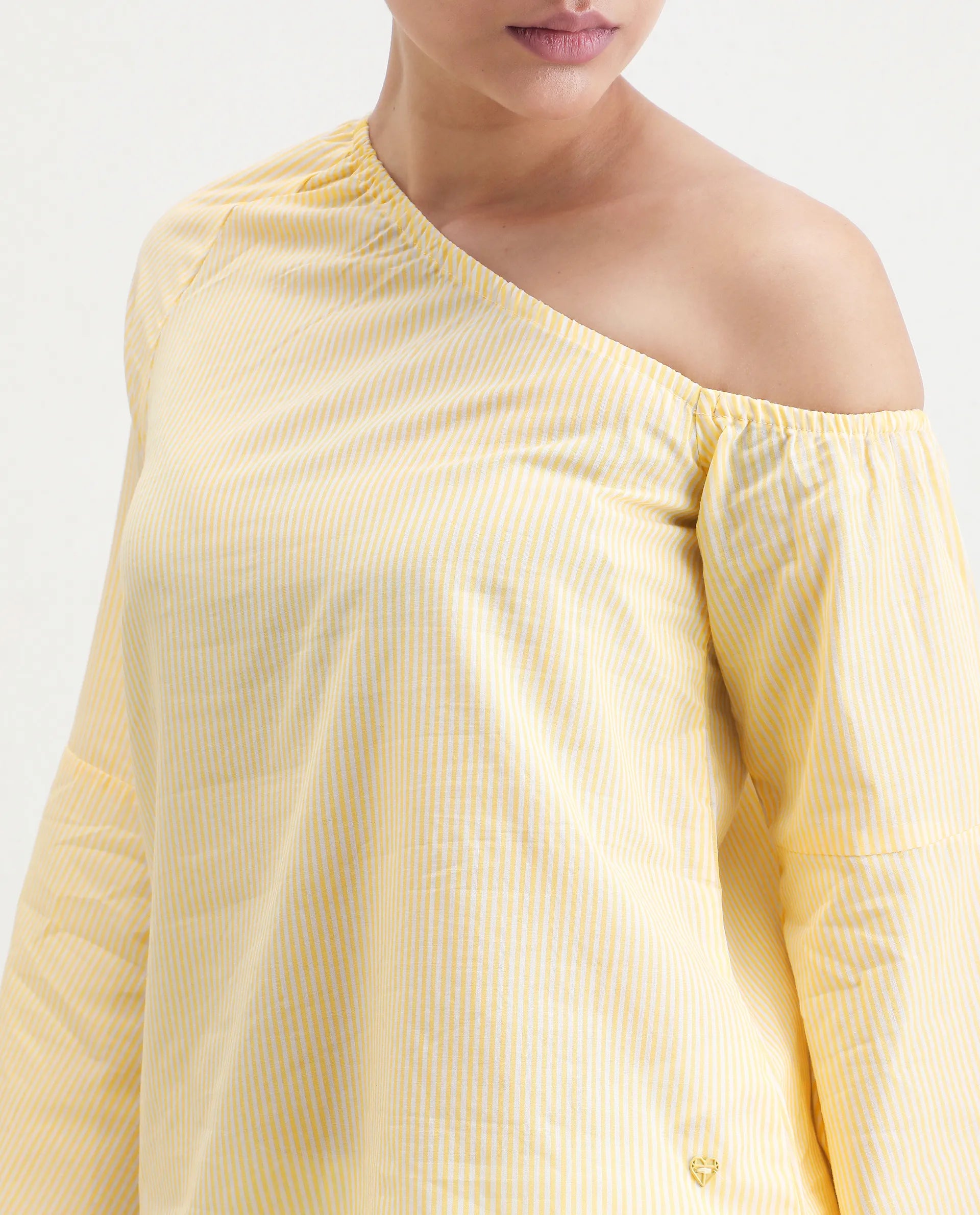 Rareism Women's Leighton Pastel Yellow Cotton One Shoulder Striped Raglan Sleeve Regular Fit Top