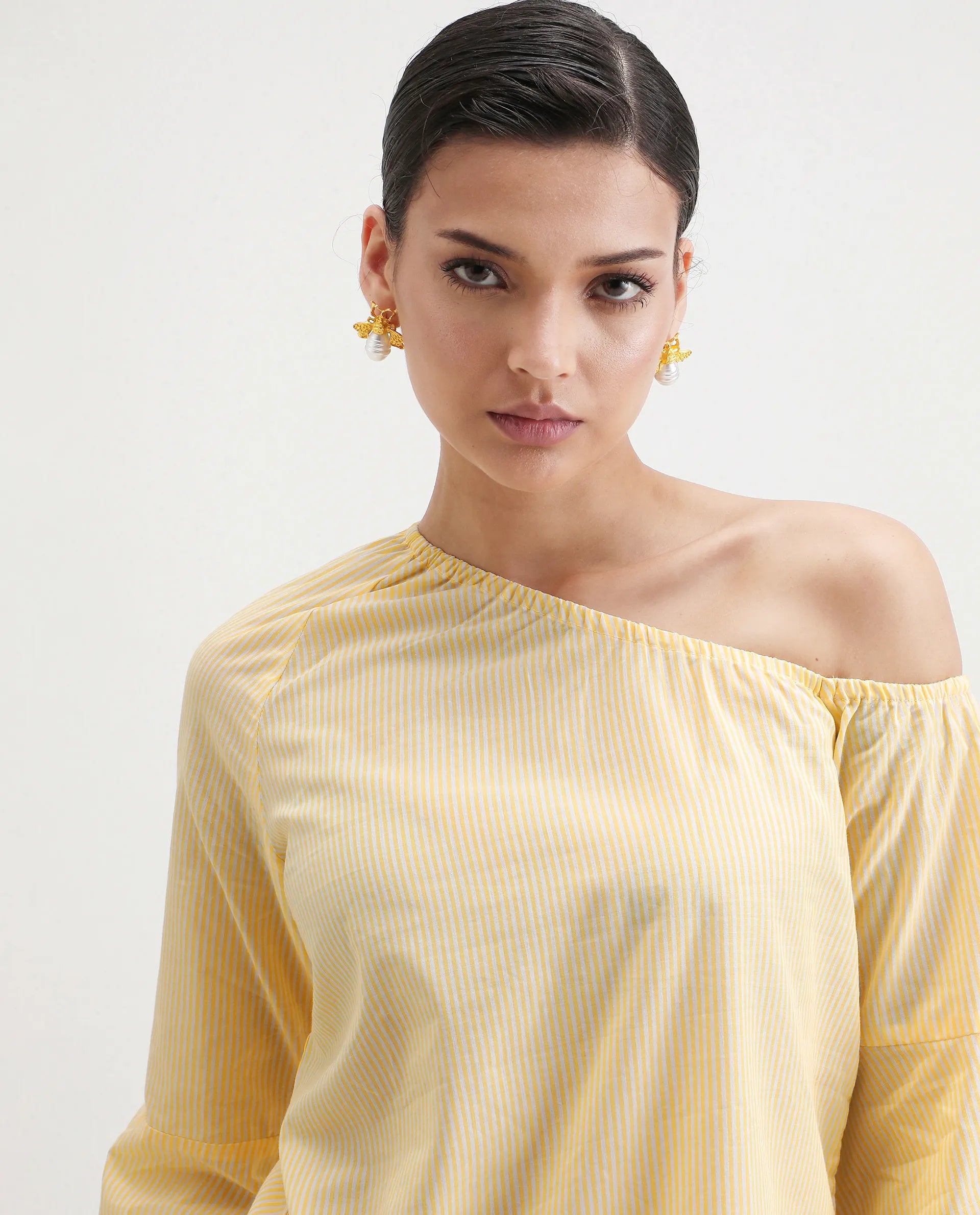 Rareism Women's Leighton Pastel Yellow Cotton One Shoulder Striped Raglan Sleeve Regular Fit Top