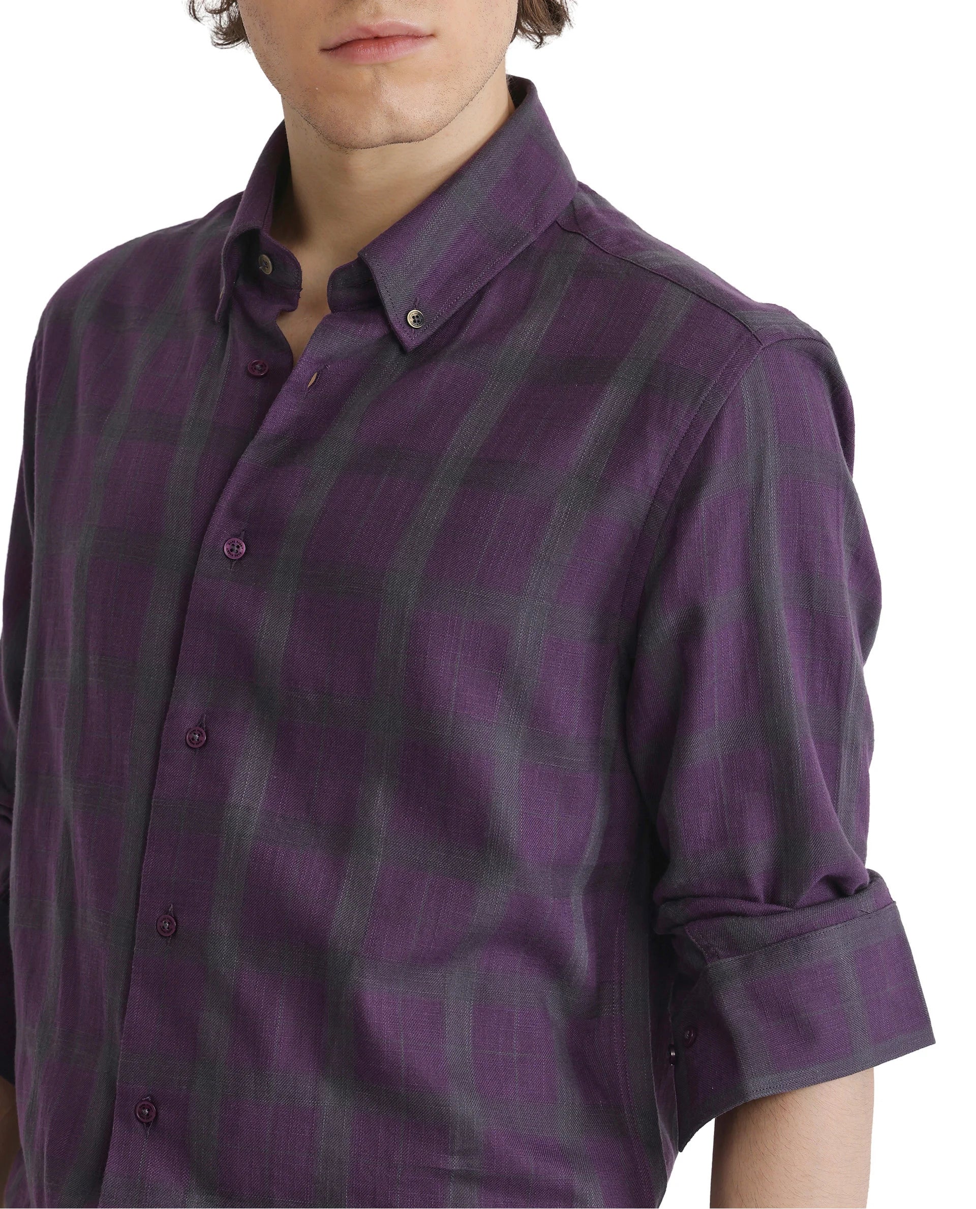 Rare Rabbit Men Leip Purple Cotton Fabric Full Sleeve Regular Fit Checks Shirt