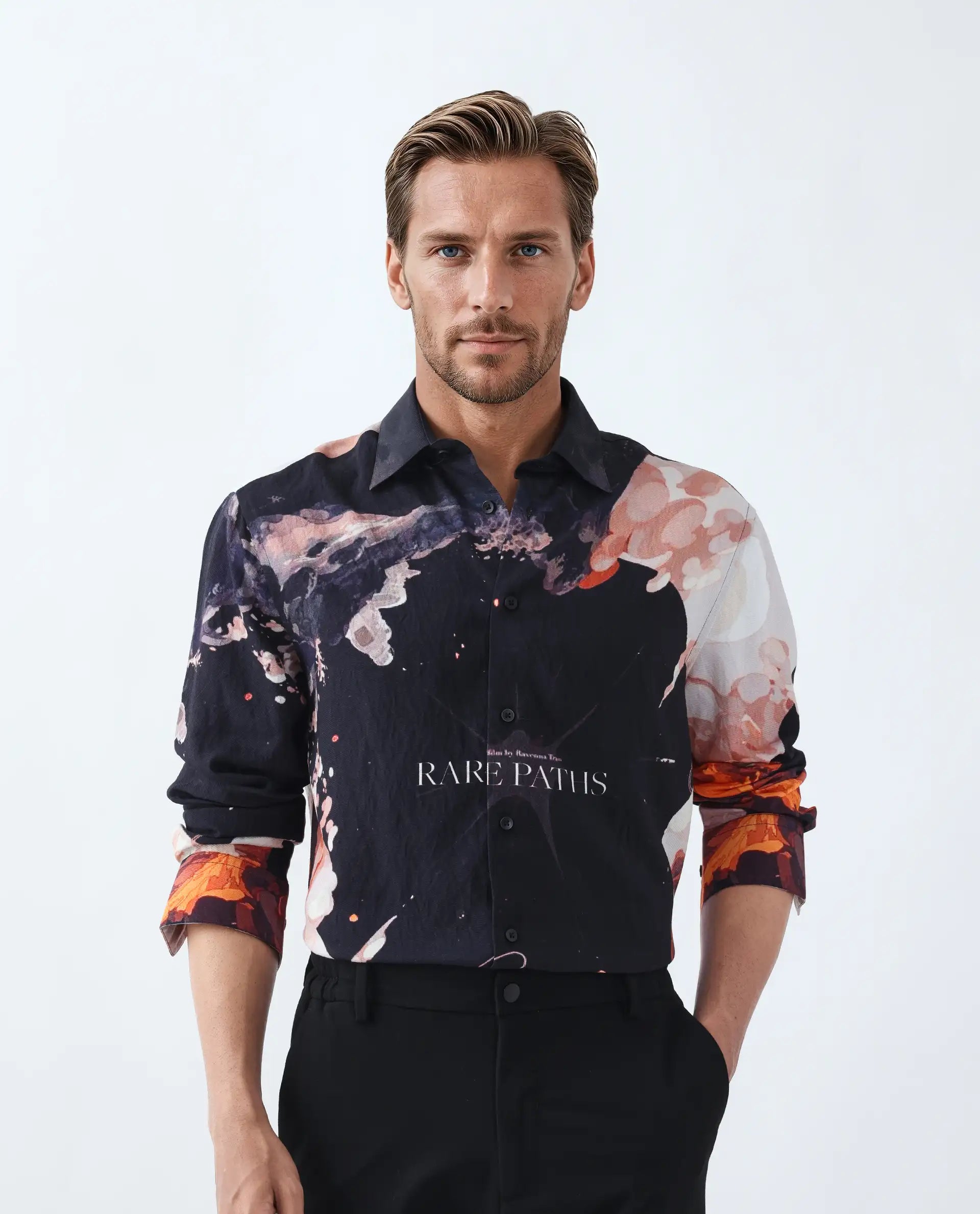 Rare Rabbit Men's Leko Black Viscose Art Deco Print Regular Fit Full Sleeve Collared Shirt