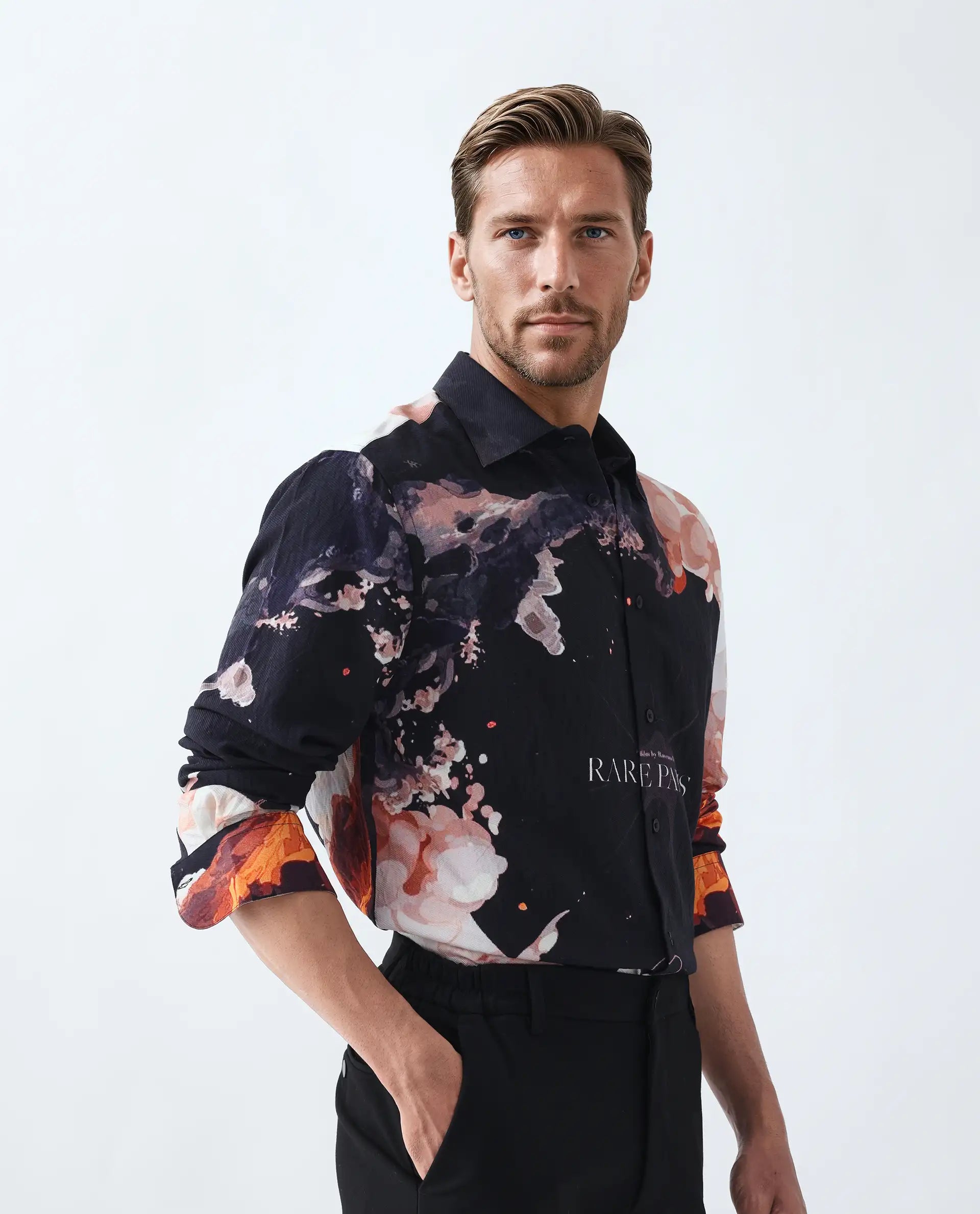 Rare Rabbit Men's Leko Black Viscose Art Deco Print Regular Fit Full Sleeve Collared Shirt