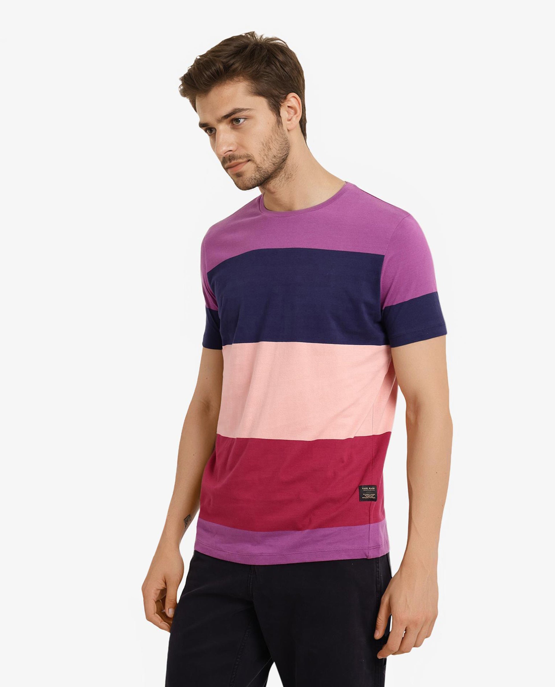 Rare Rabbit Men's Lemars Purple Cotton Fabric Crew Neck Half Sleeves Slim Fit Colorblock Stripe T-Shirt