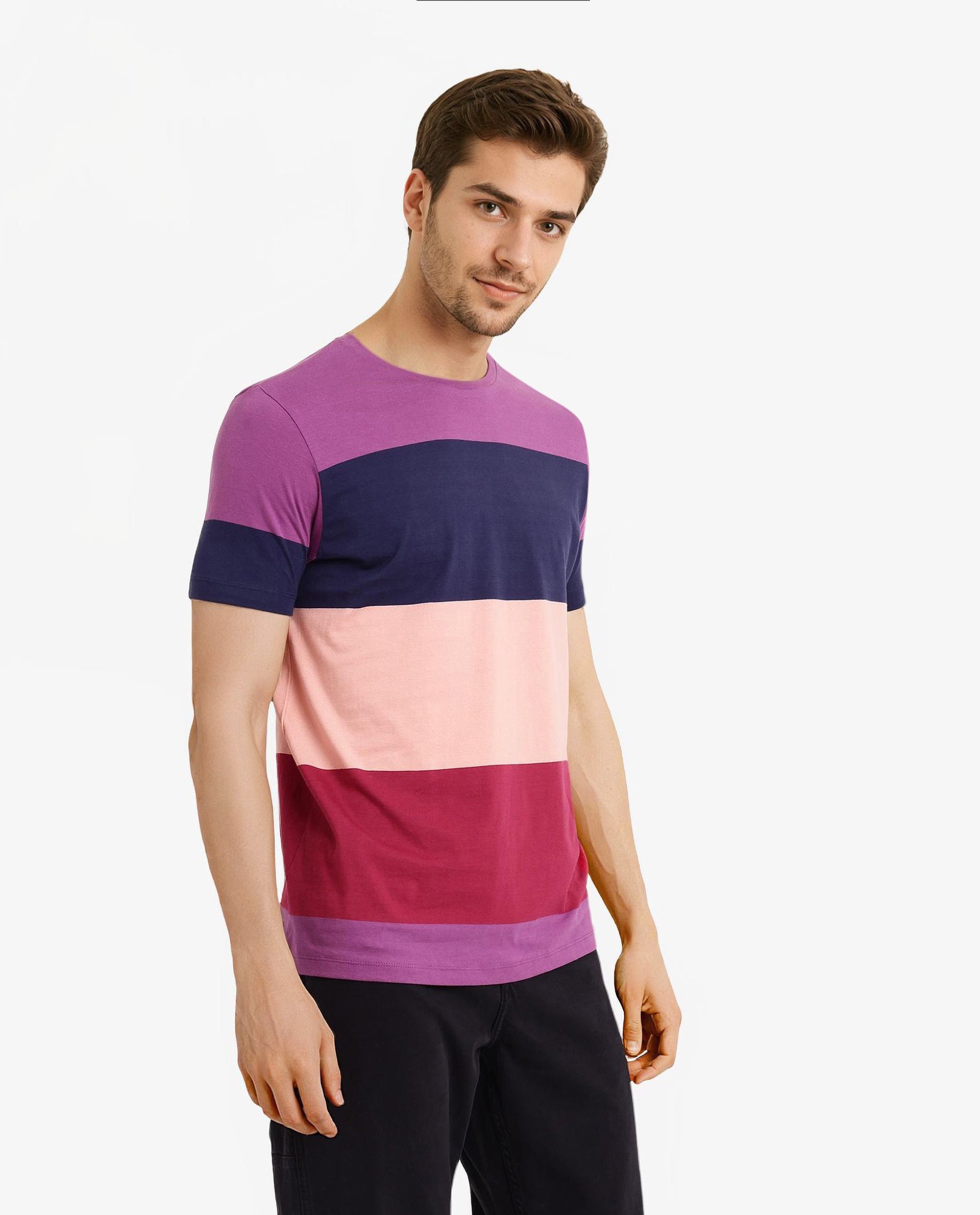 Rare Rabbit Men's Lemars Purple Cotton Fabric Crew Neck Half Sleeves Slim Fit Colorblock Stripe T-Shirt