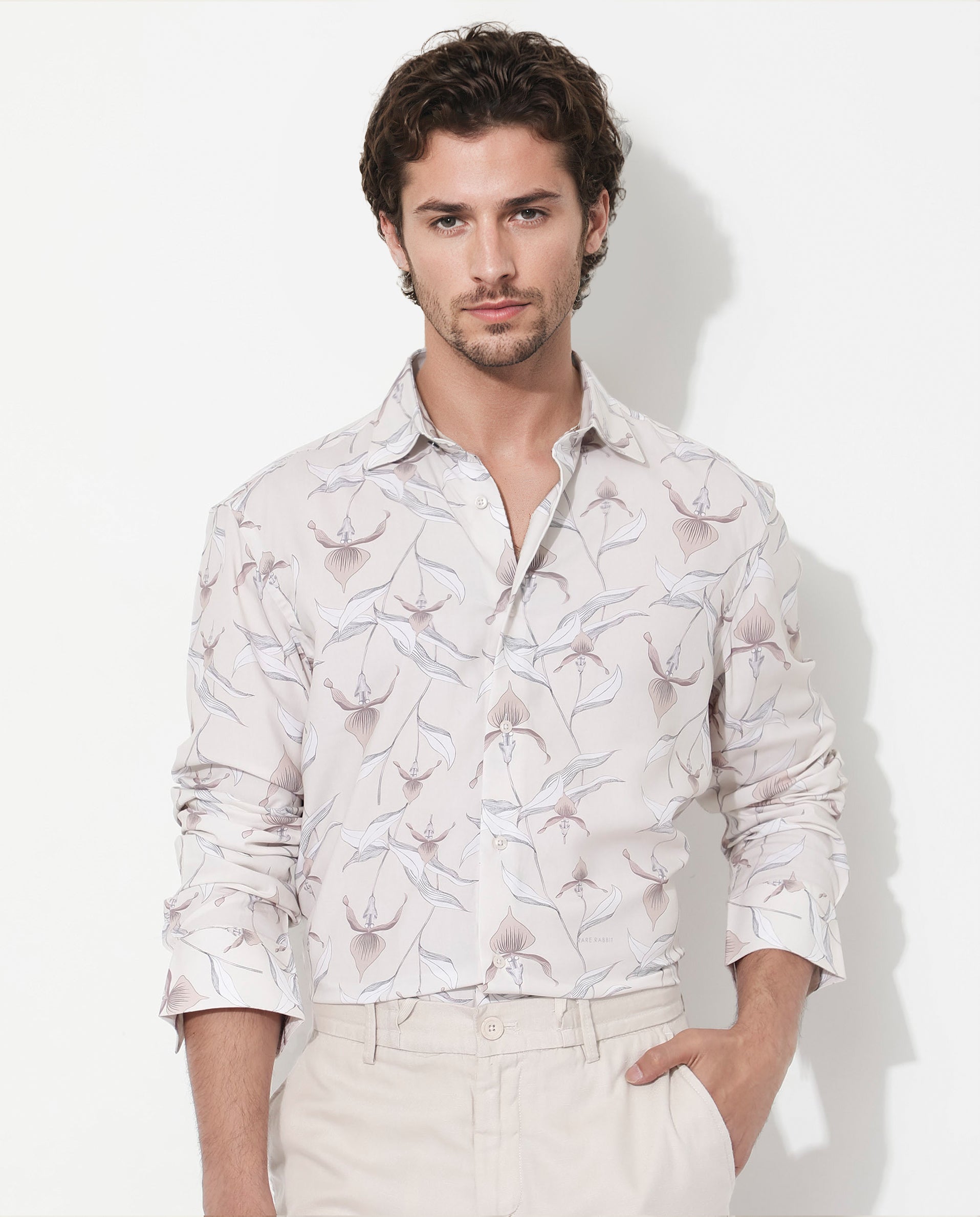 Rare Rabbit Men's Len Beige Cotton Fabric Full Sleeve Regular Collar Floral Print Shirt
