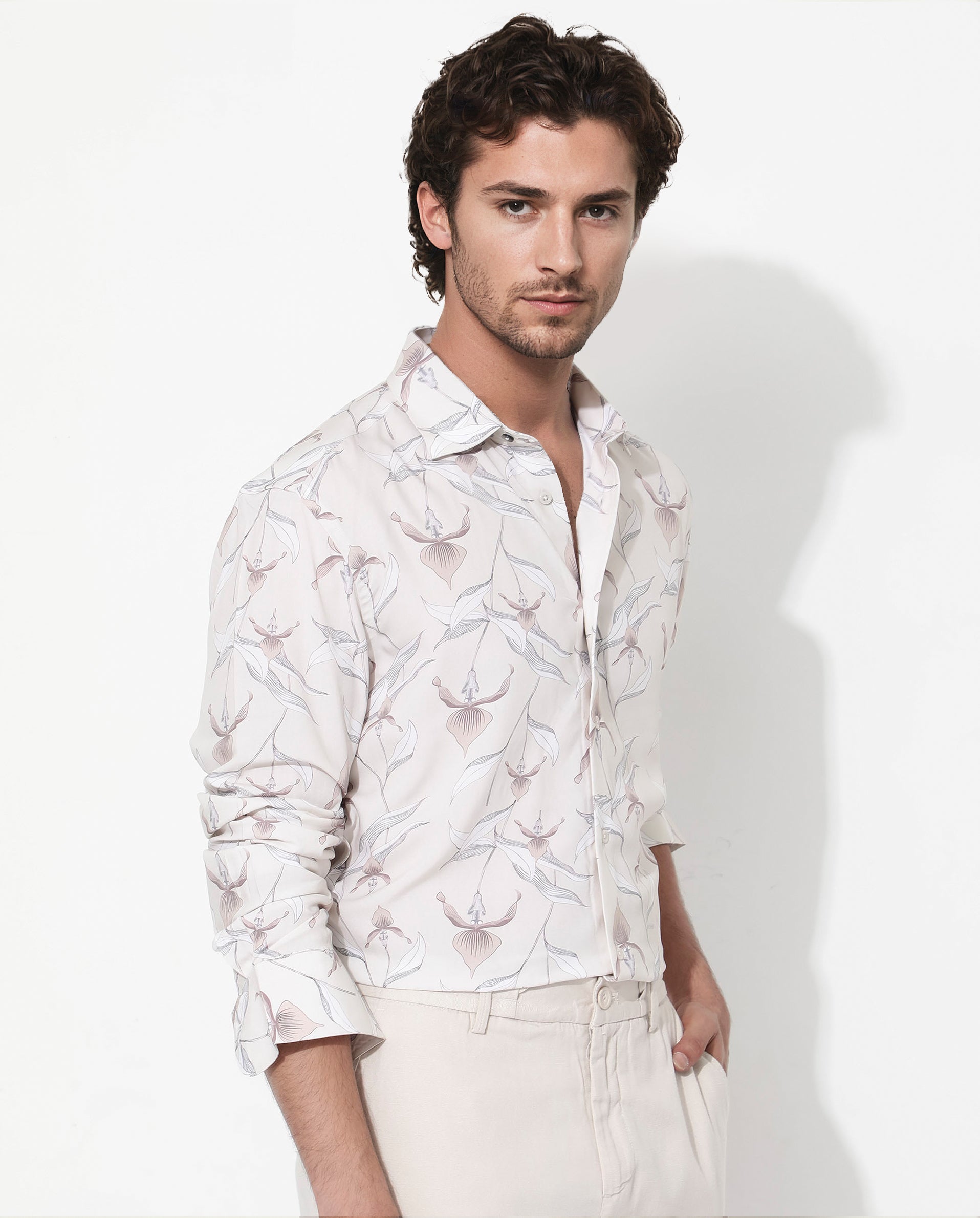 Rare Rabbit Men's Len Beige Cotton Fabric Full Sleeve Regular Collar Floral Print Shirt