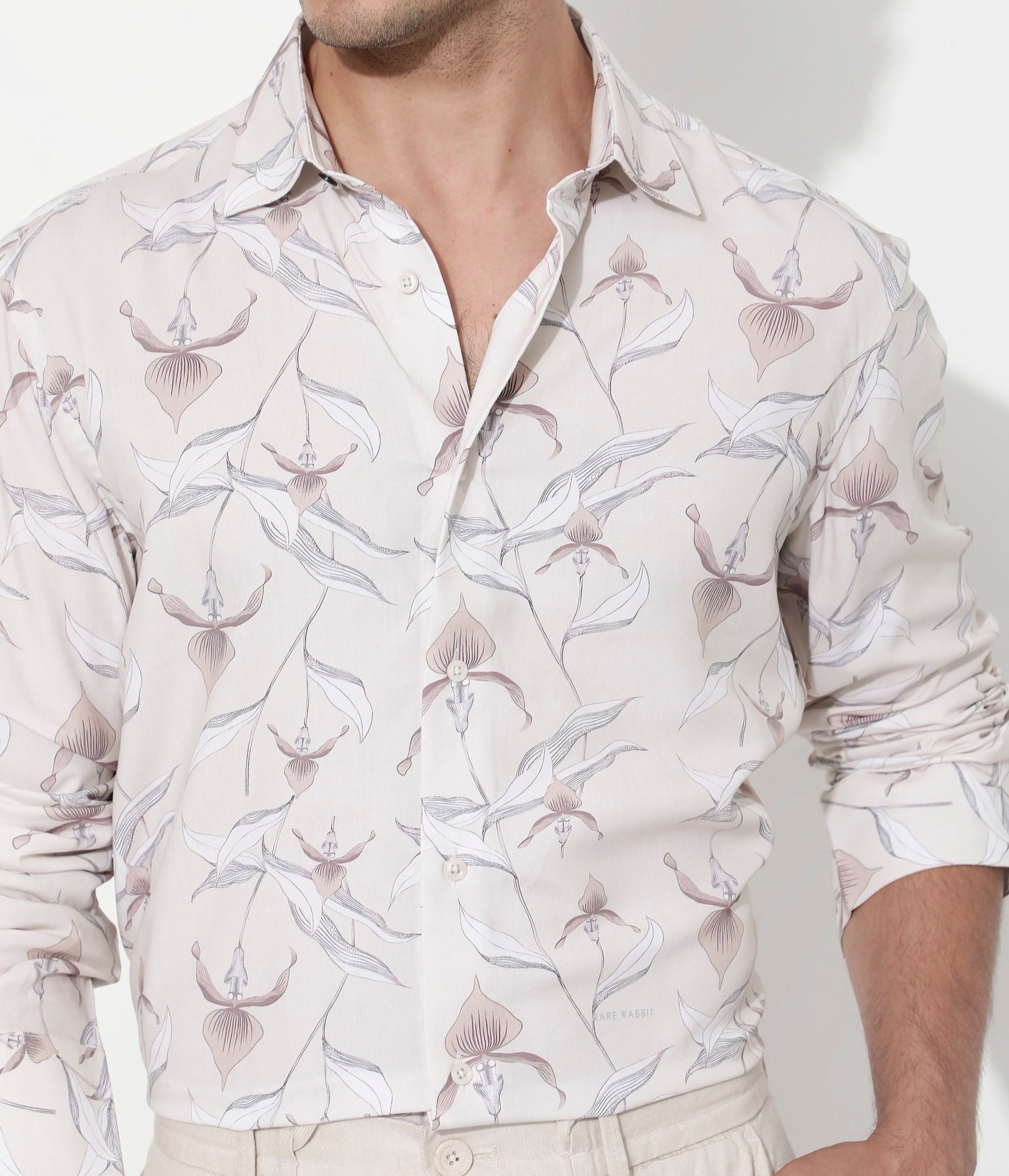 Rare Rabbit Men's Len Beige Cotton Fabric Full Sleeve Regular Collar Floral Print Shirt