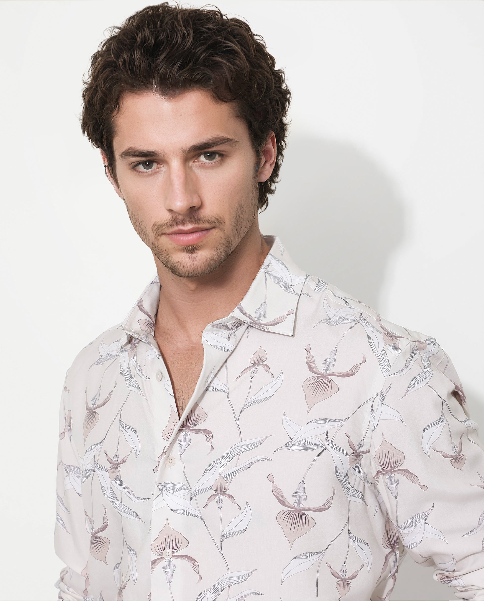 Rare Rabbit Men's Len Beige Cotton Fabric Full Sleeve Regular Collar Floral Print Shirt