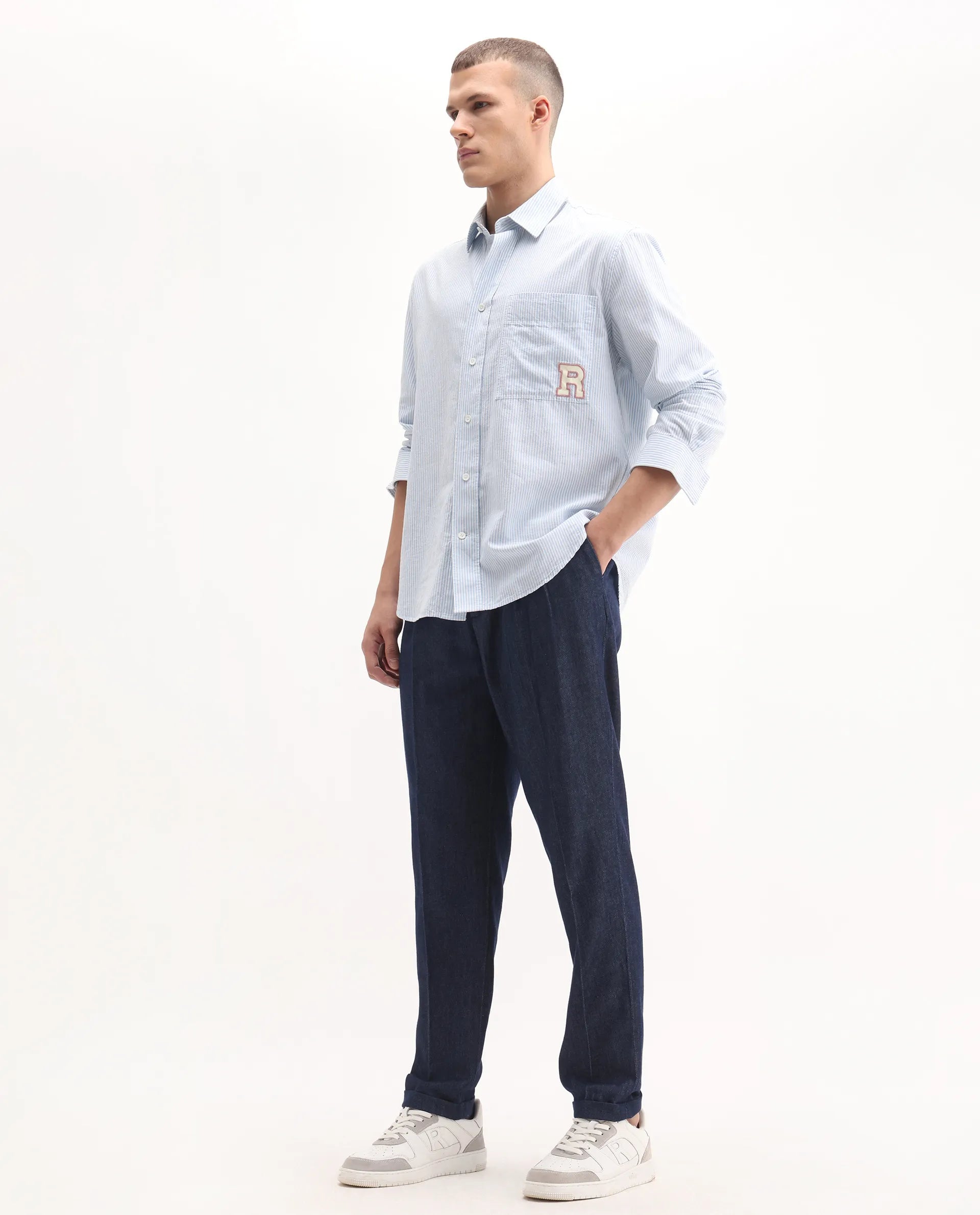 Rare Rabbit Men's Leni Blue Cotton Blend Plain Baggy Fit Trouser