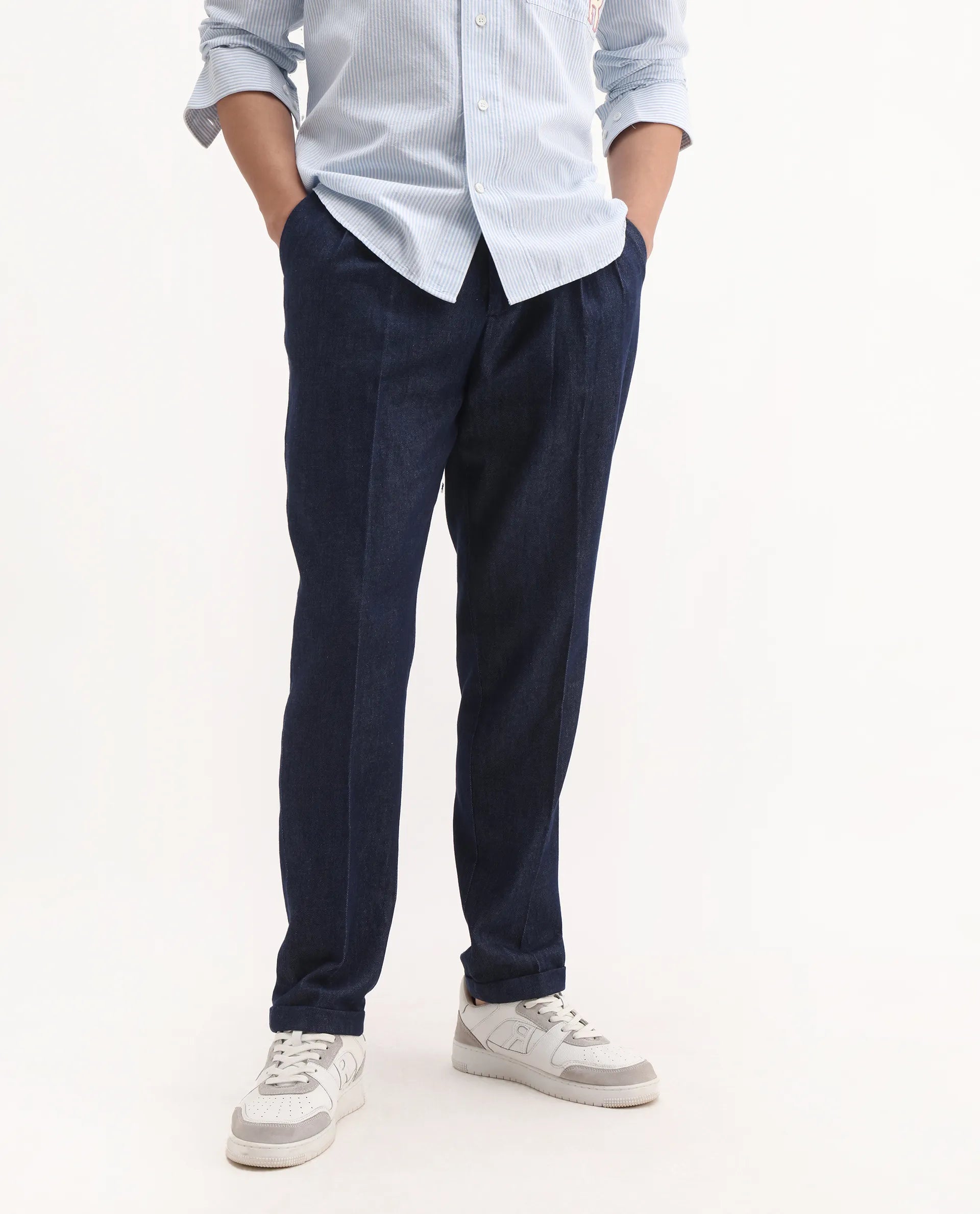 Rare Rabbit Men's Leni Blue Cotton Blend Plain Baggy Fit Trouser