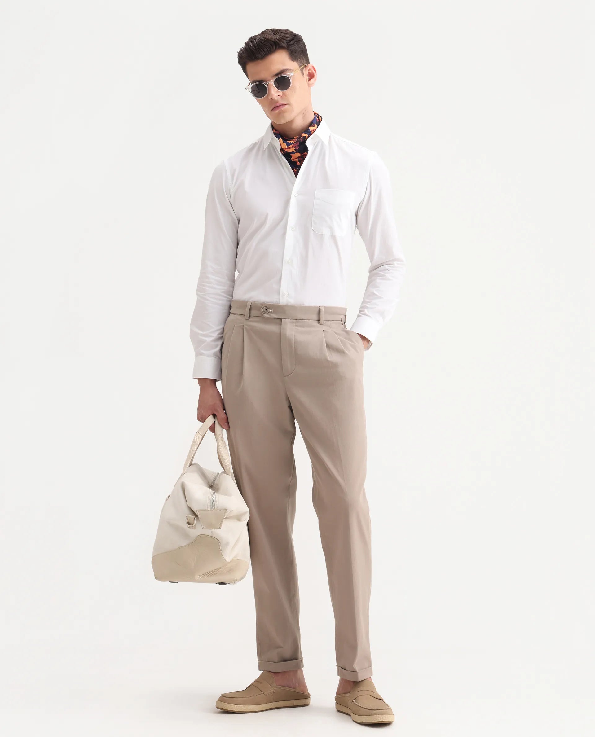 Rare Rabbit Men's Leni Dark Beige Cotton Blend Plain Regular Fit Trouser