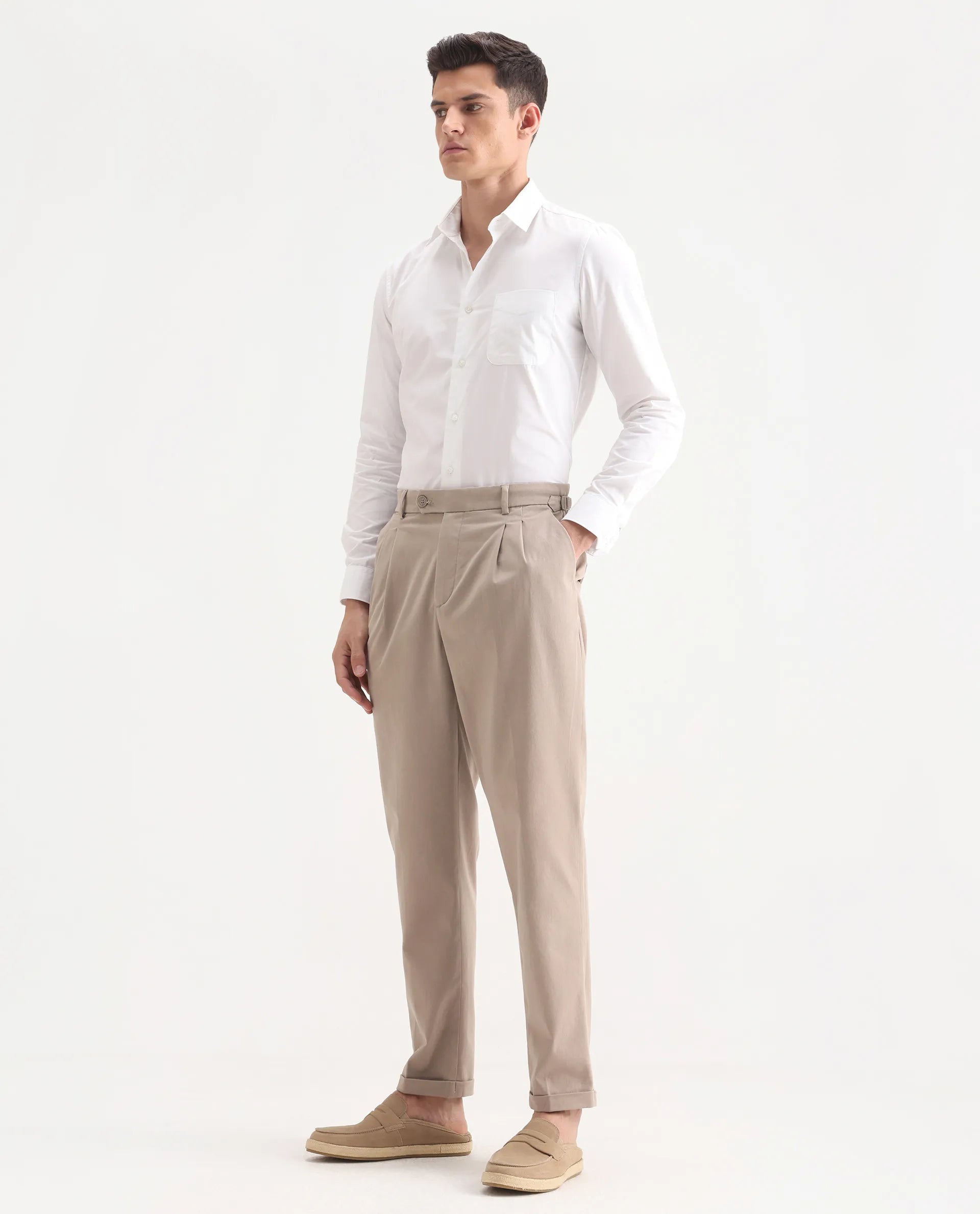 Rare Rabbit Men's Leni Dark Beige Cotton Blend Plain Regular Fit Trouser