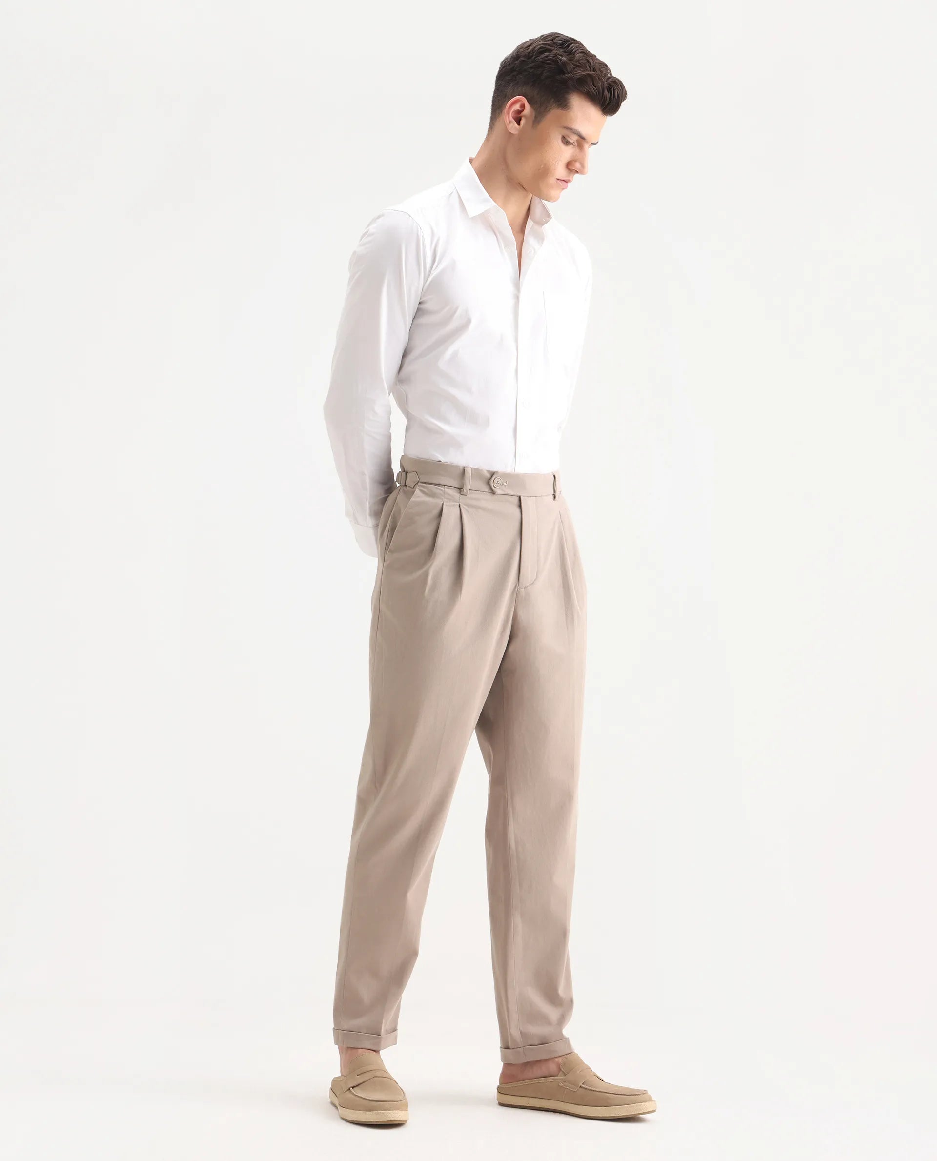 Rare Rabbit Men's Leni Dark Beige Cotton Blend Plain Regular Fit Trouser