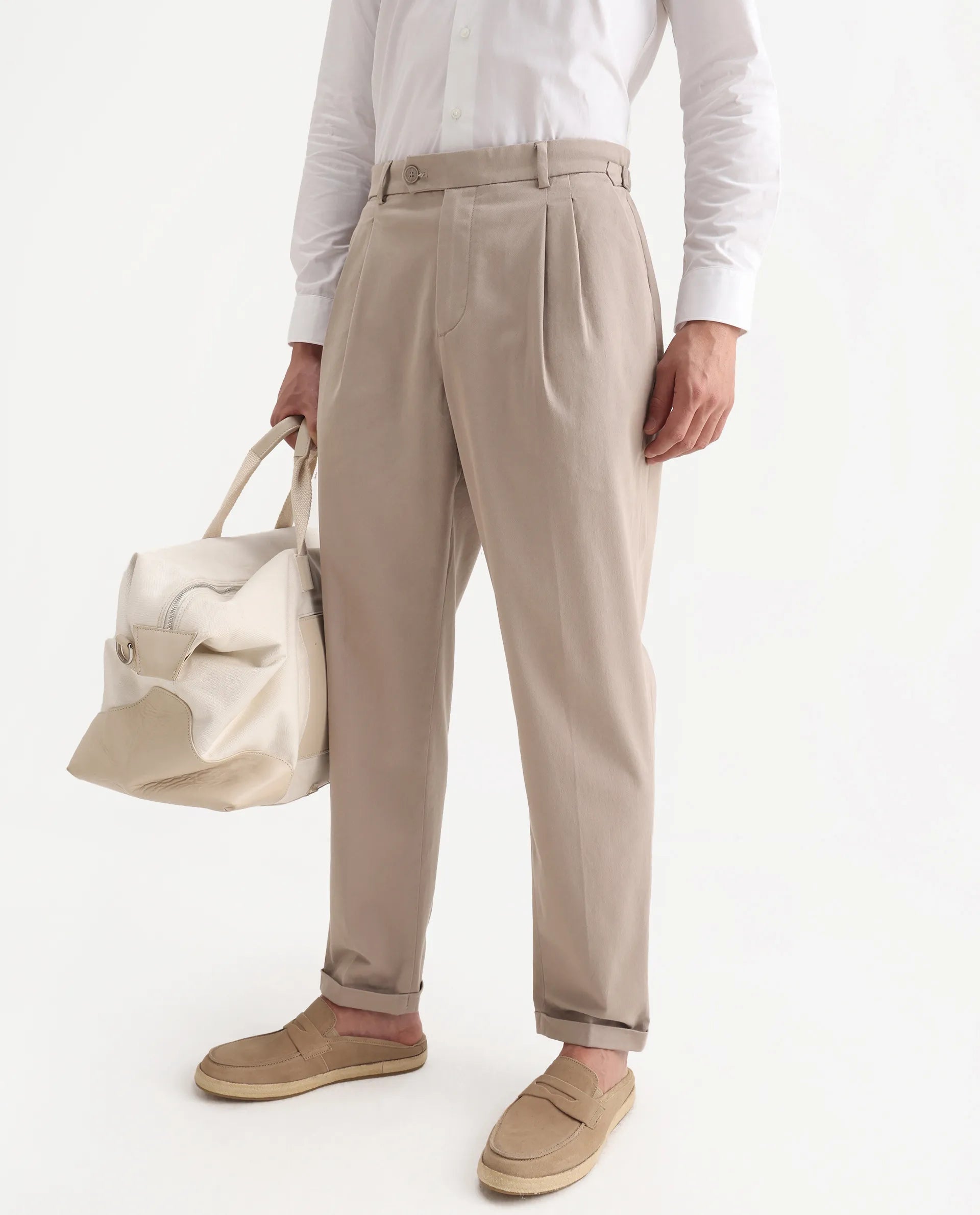 Rare Rabbit Men's Leni Dark Beige Cotton Blend Plain Regular Fit Trouser