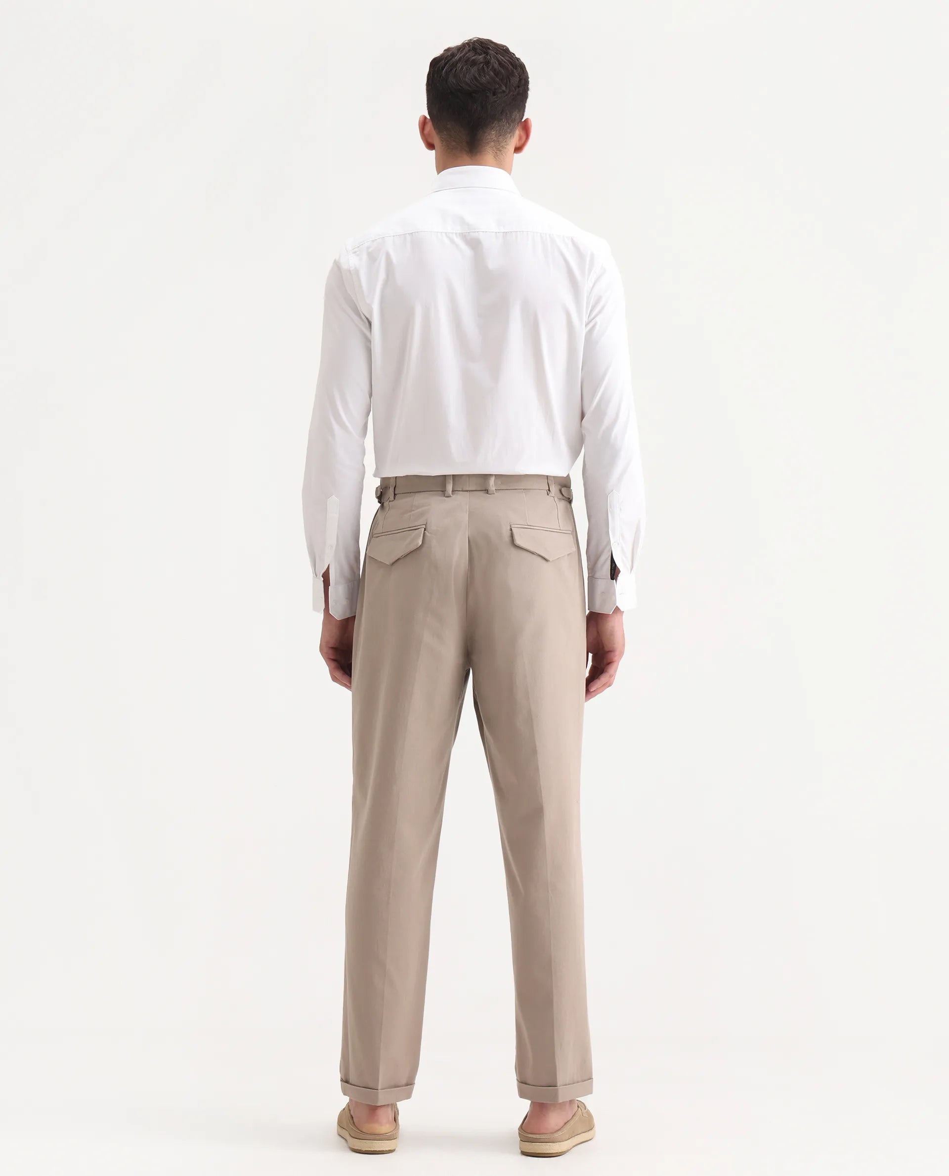 Rare Rabbit Men's Leni Dark Beige Cotton Blend Plain Regular Fit Trouser