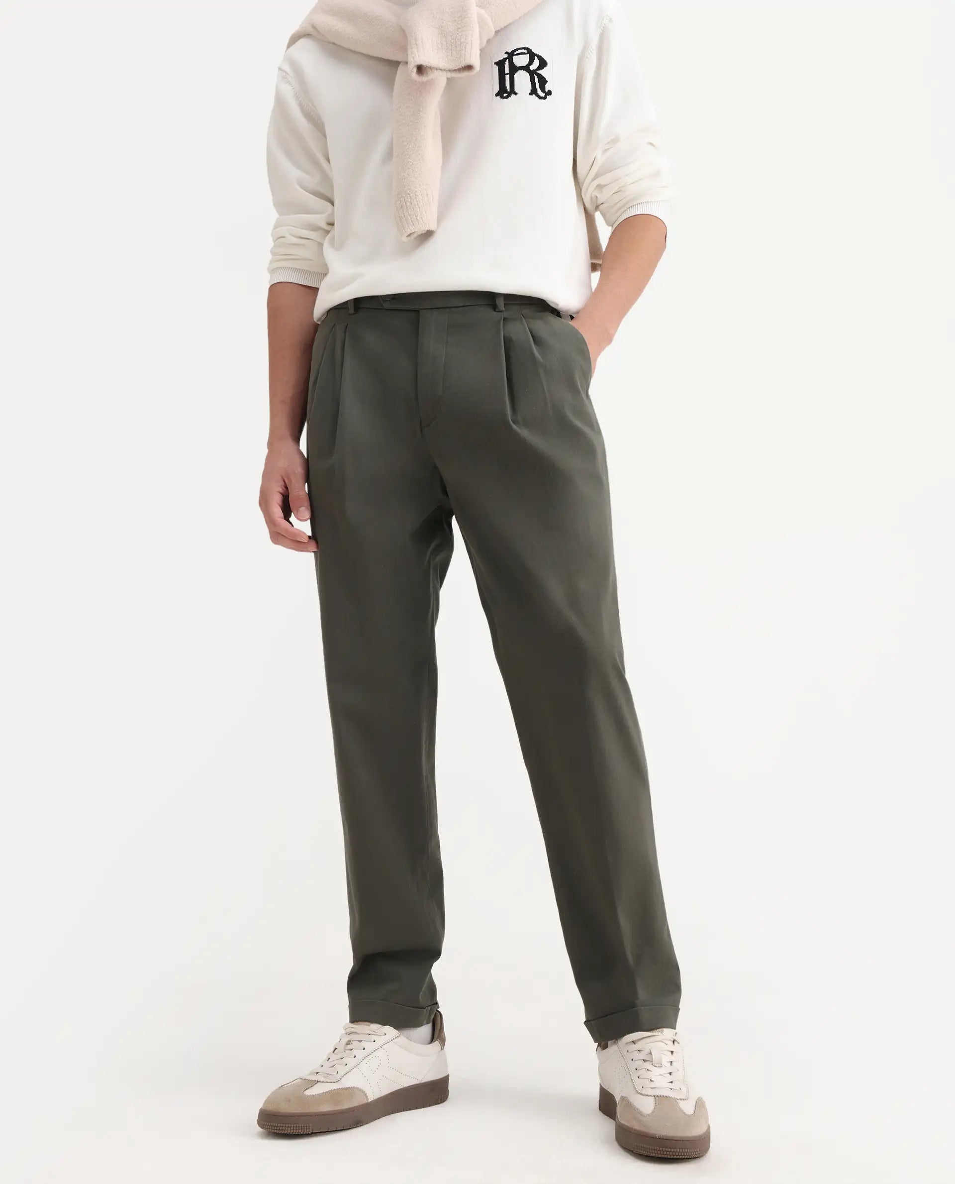 Rare Rabbit Men's Leni Olive Cotton Blend Plain Baggy Fit Trouser