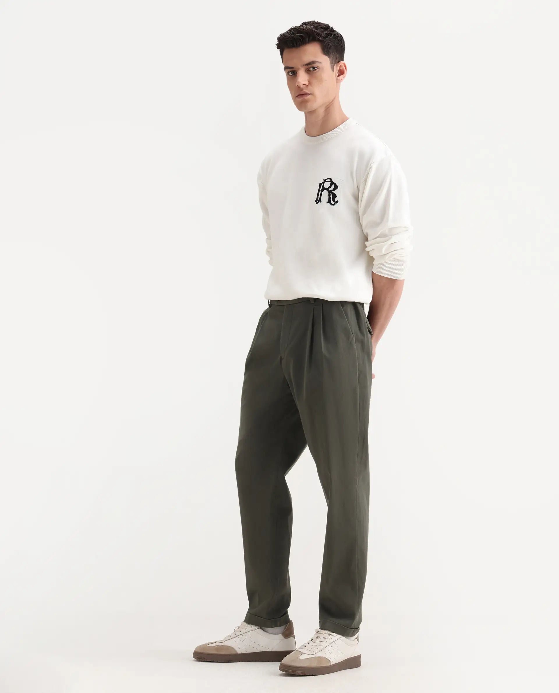 Rare Rabbit Men's Leni Olive Cotton Blend Plain Baggy Fit Trouser