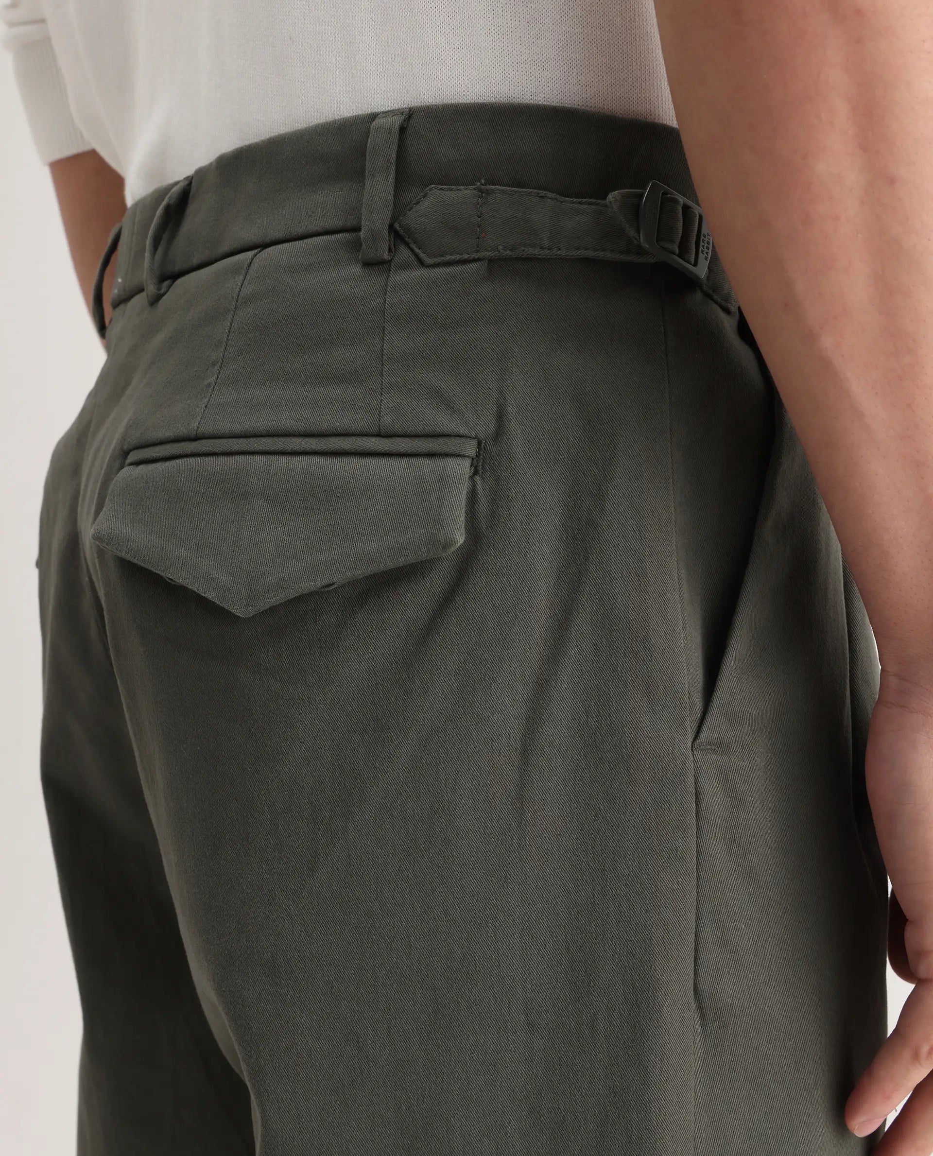 Rare Rabbit Men's Leni Olive Cotton Blend Plain Baggy Fit Trouser