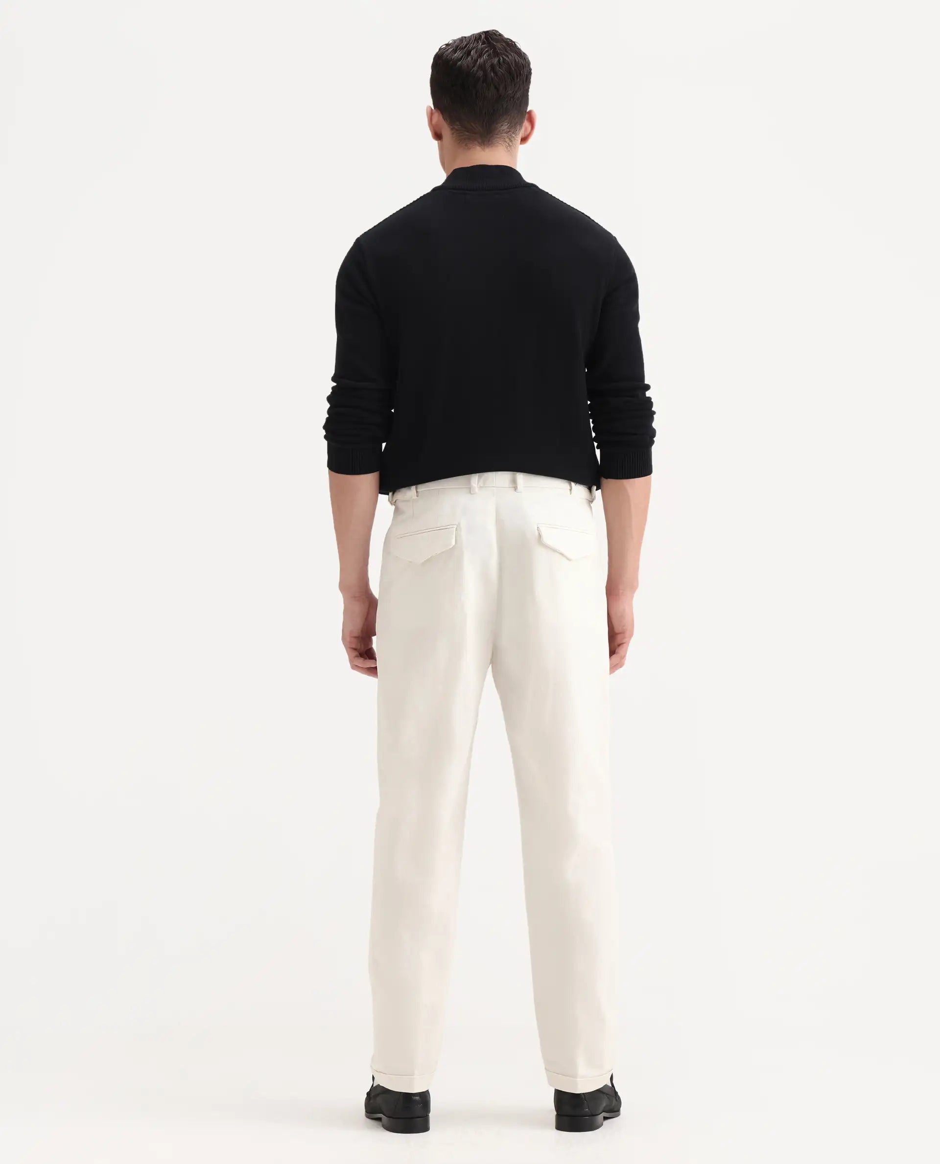 Rare Rabbit Men's Leni White Cotton Blend Plain Baggy Fit Trouser