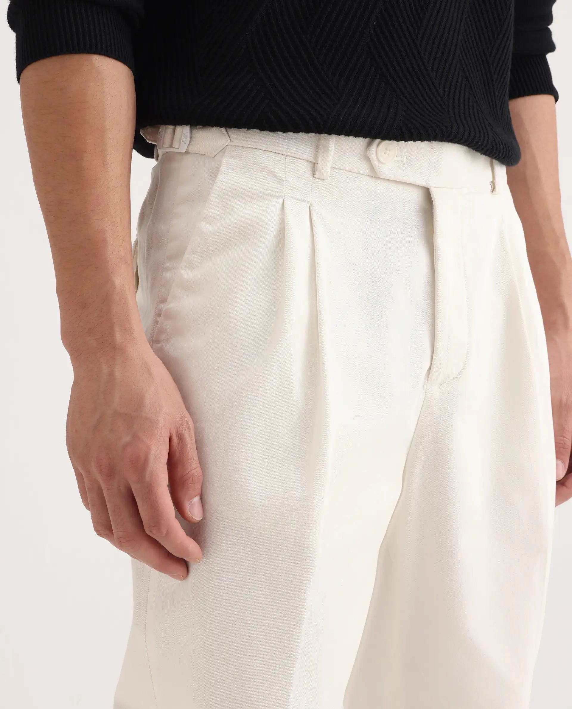 Rare Rabbit Men's Leni White Cotton Blend Plain Baggy Fit Trouser