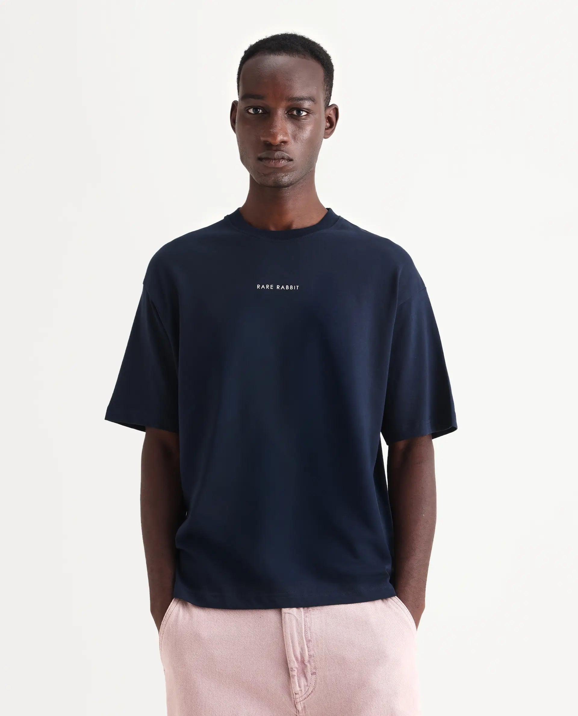 Rare Rabbit Men's Len Navy Cotton Typography Print Oversized Fit Half Sleeve Crew Neck T-Shirt