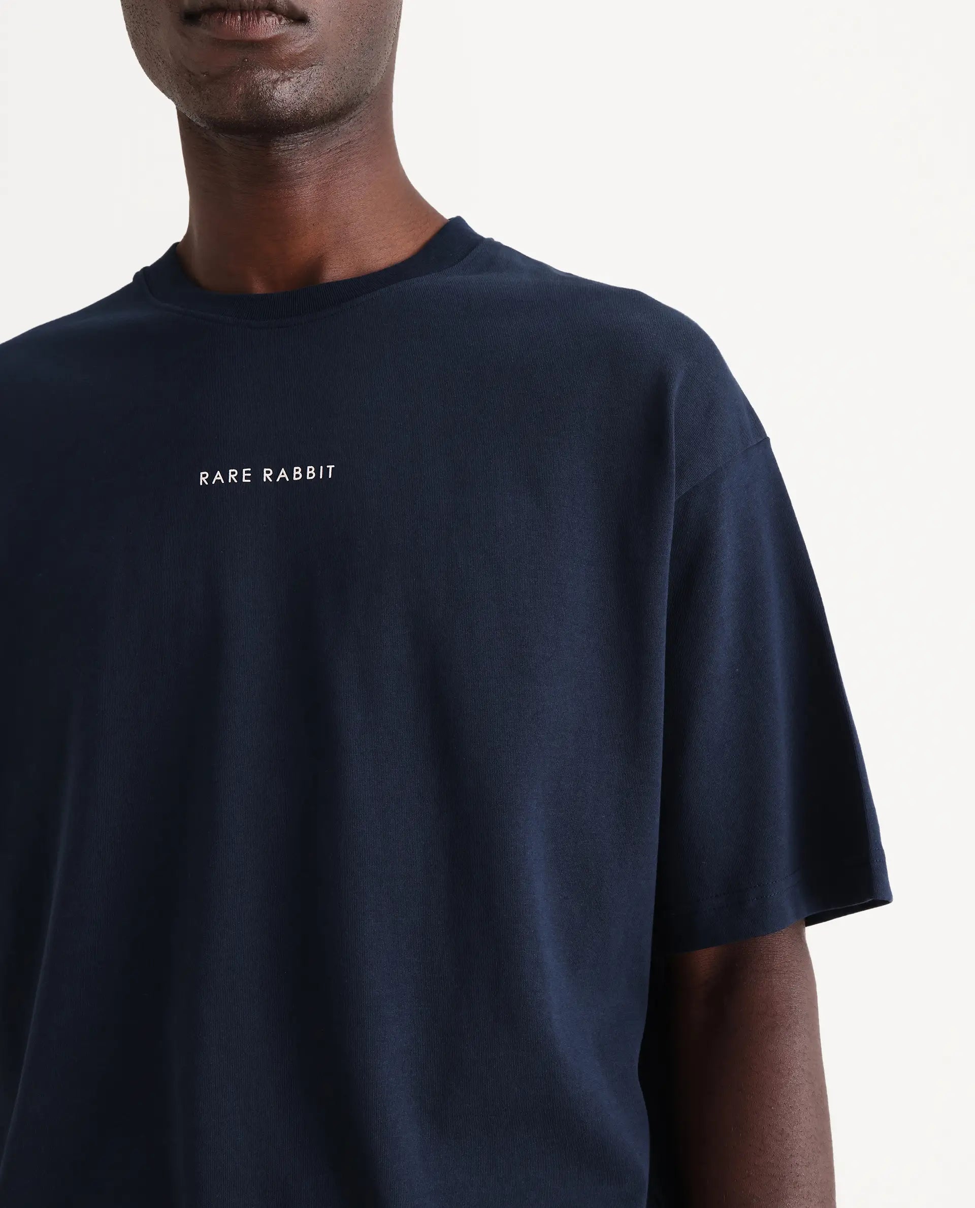 Rare Rabbit Men's Len Navy Cotton Typography Print Oversized Fit Half Sleeve Crew Neck T-Shirt
