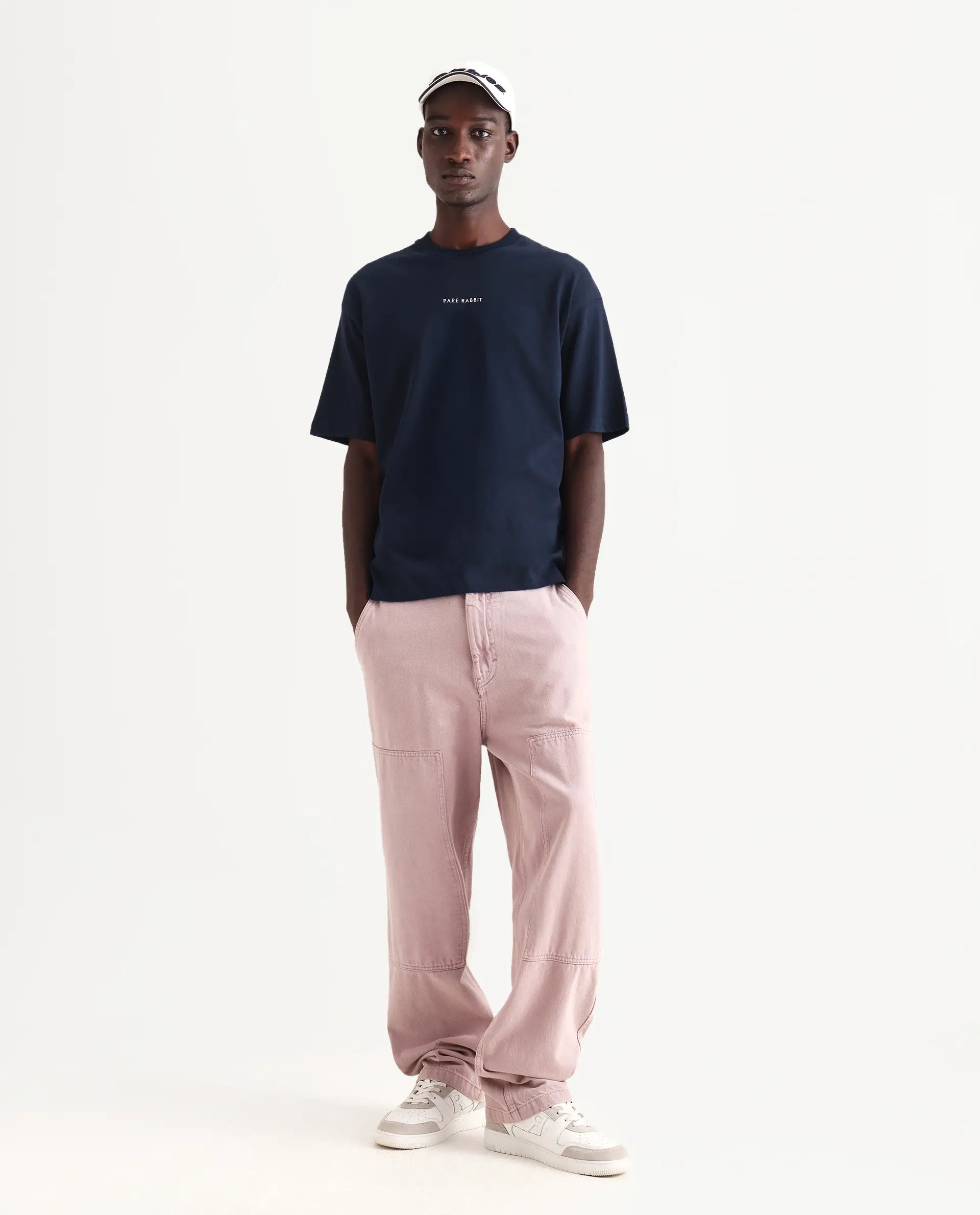 Rare Rabbit Men's Len Navy Cotton Typography Print Oversized Fit Half Sleeve Crew Neck T-Shirt