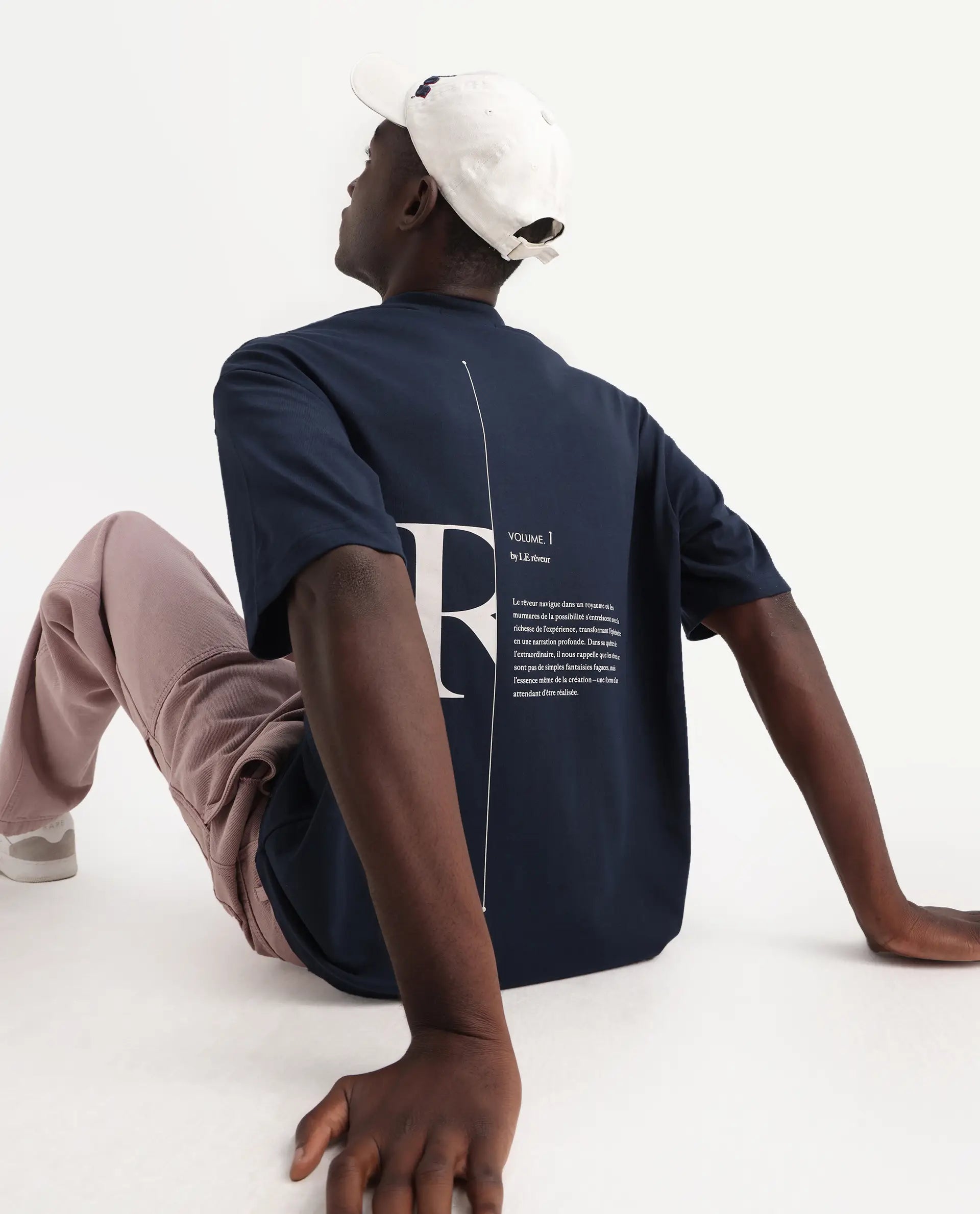 Rare Rabbit Men's Len Navy Cotton Typography Print Oversized Fit Half Sleeve Crew Neck T-Shirt