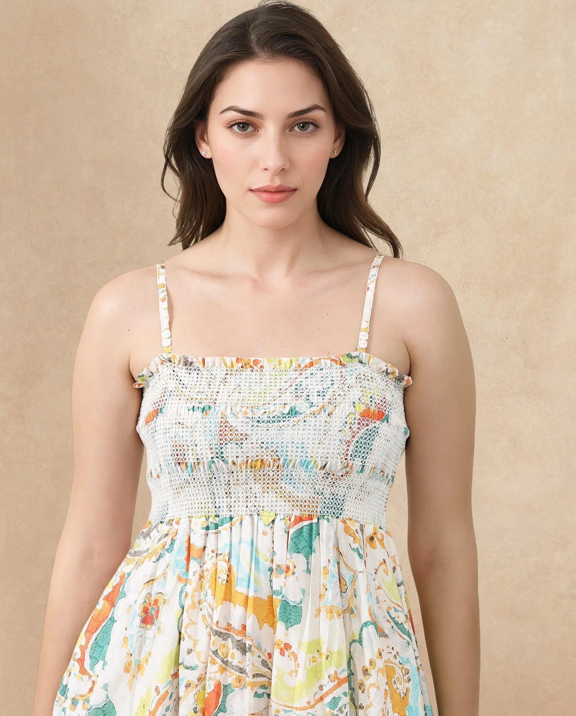 Rareism Women's Lenoid Multi Cotton Shoulder Strap Paisley Print Sleeveless Midi Fit And Flare Dress