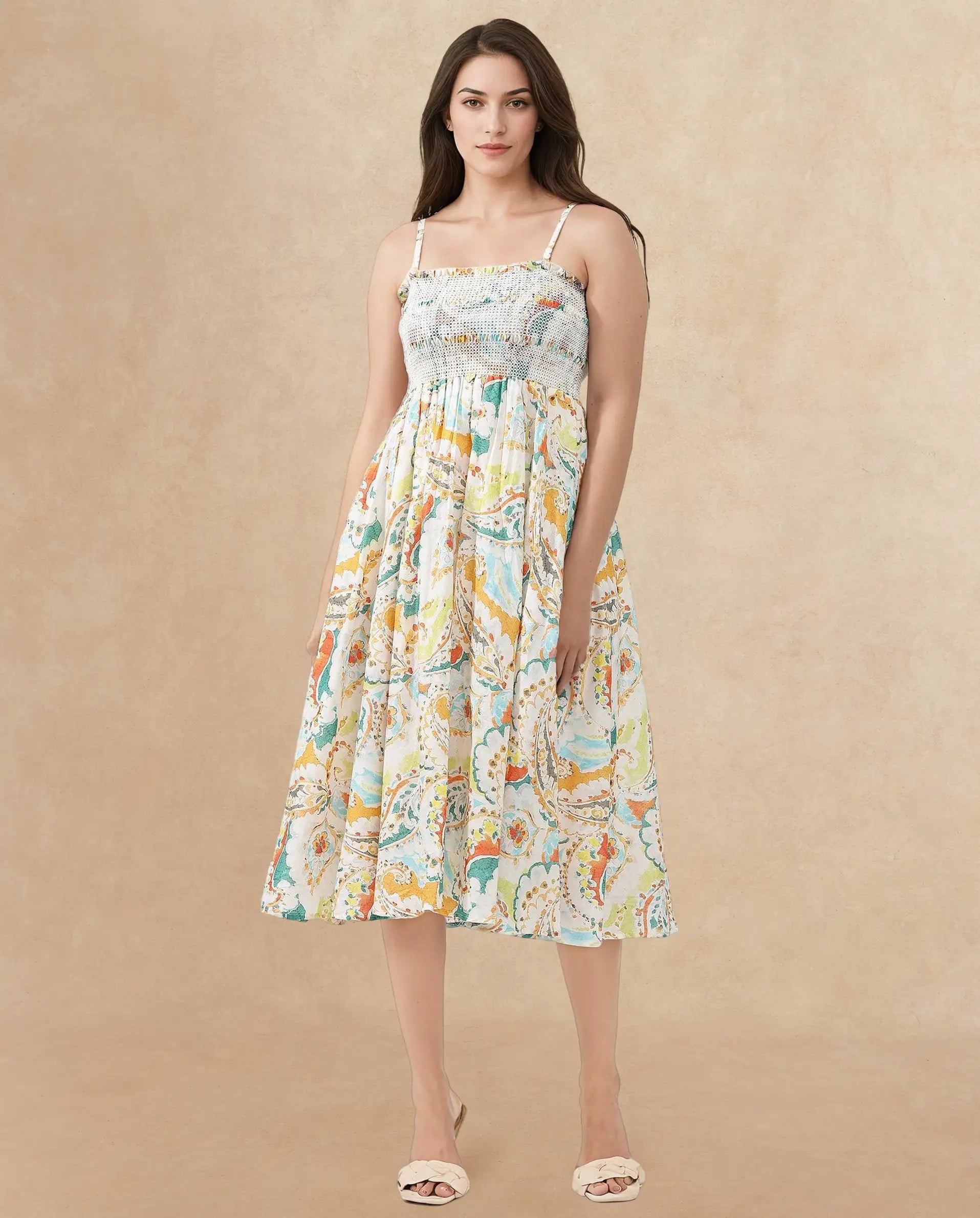 Rareism Women's Lenoid Multi Cotton Shoulder Strap Paisley Print Sleeveless Midi Fit And Flare Dress